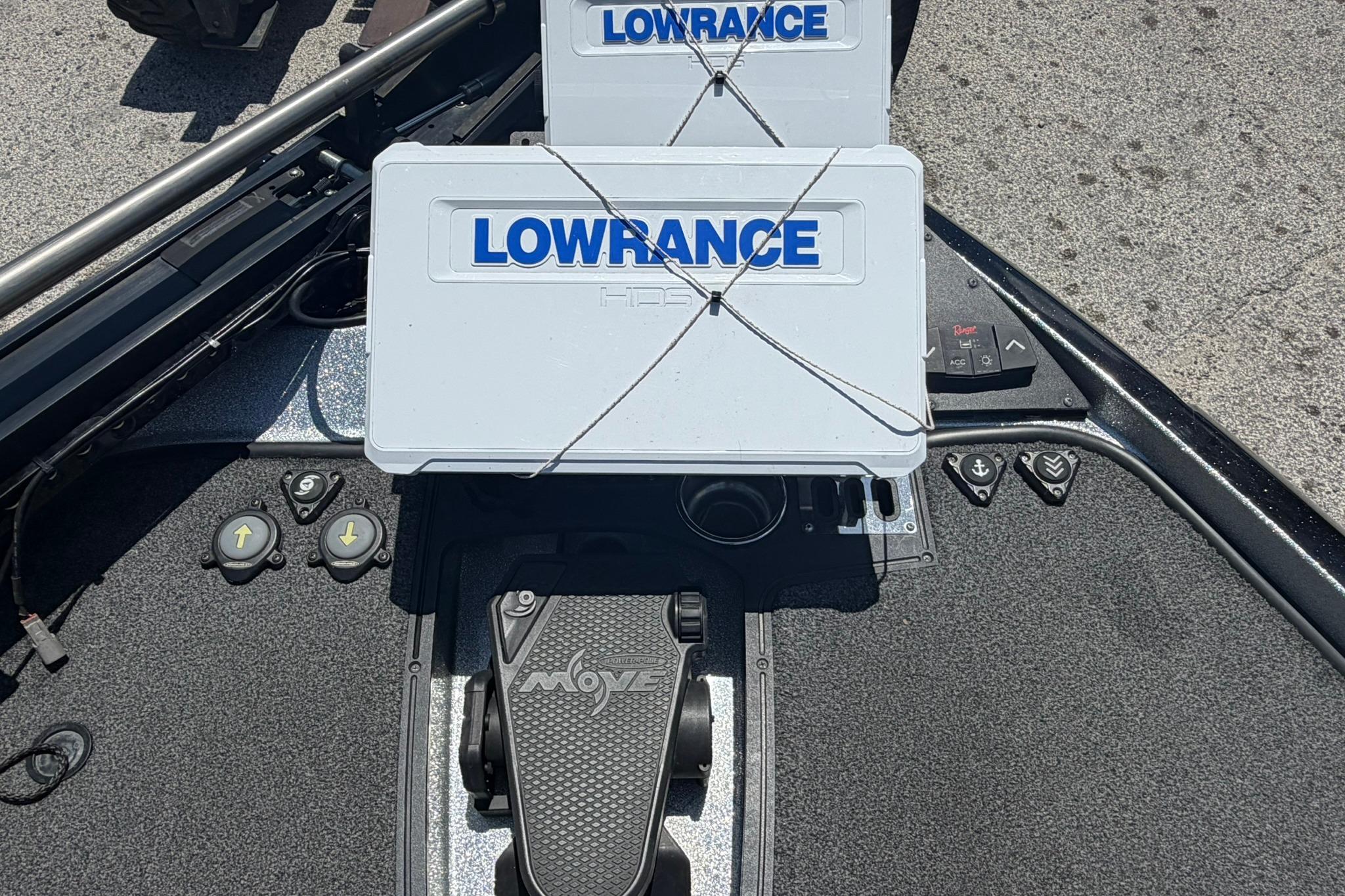 2023 Ranger Z521R boat dashboard with Lowrance electronics and foot pedal controls.