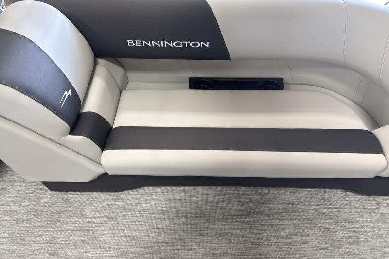 2026 Bennington 22 SSRSF boat seat with sleek black and white design.