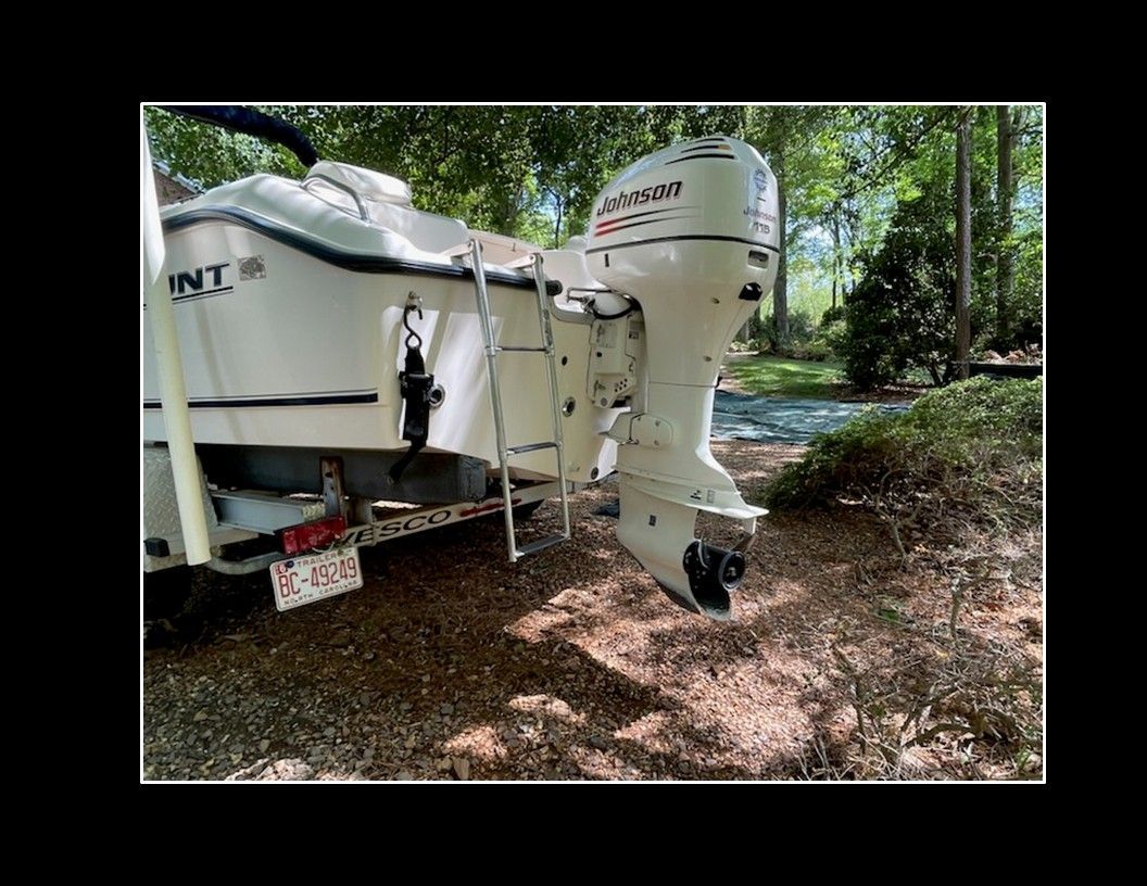 A 2004 Sea Hunt Escape boat with a Johnson outboard motor, parked on a trailer in the woods.