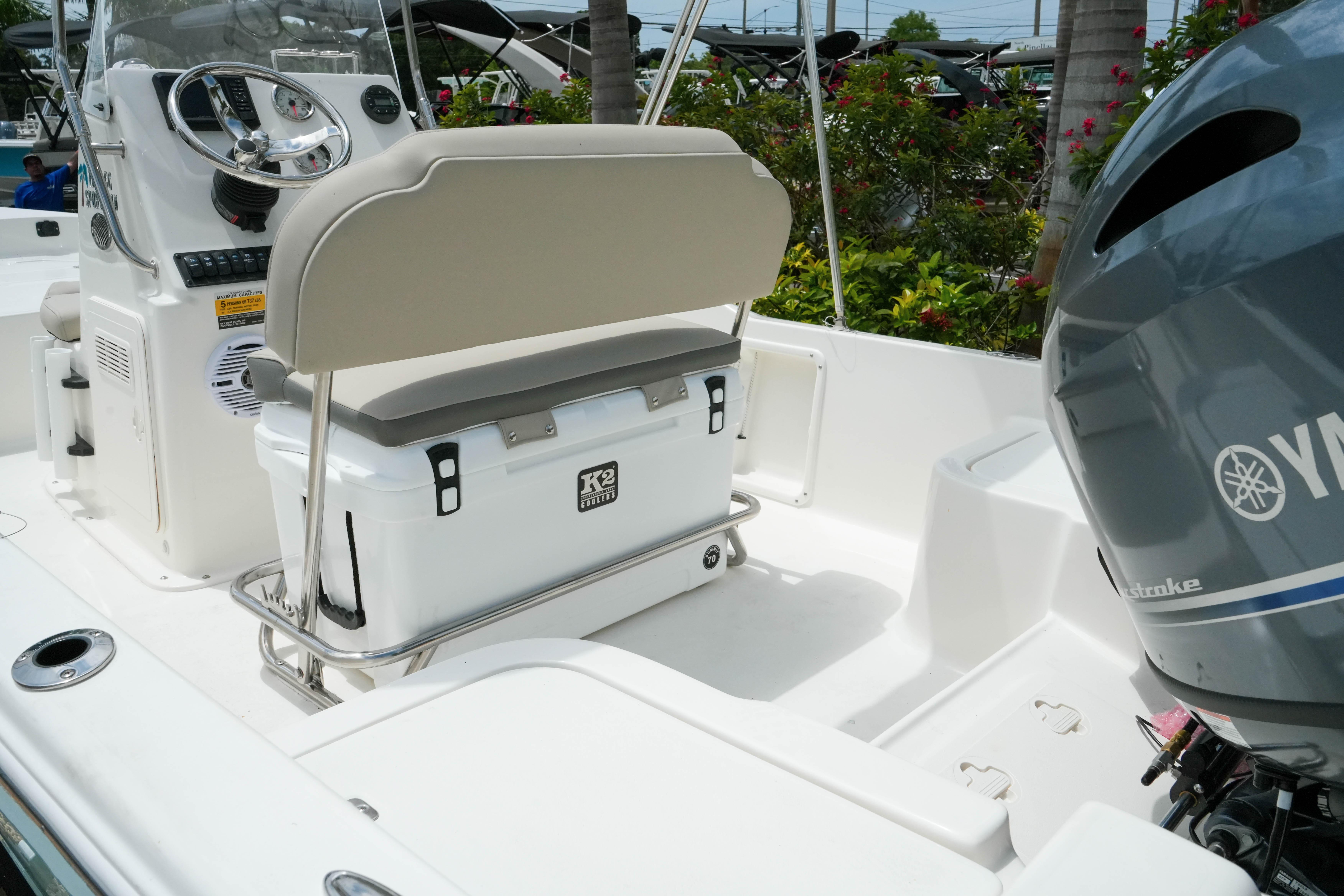 2026 Key West 1720 Center Console boat interior with seating and Yamaha outboard motor.