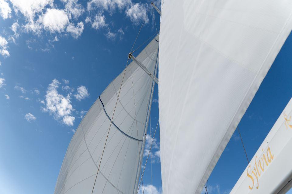Sailing yacht Discovery 55, 2008 model, with sails against a blue sky.