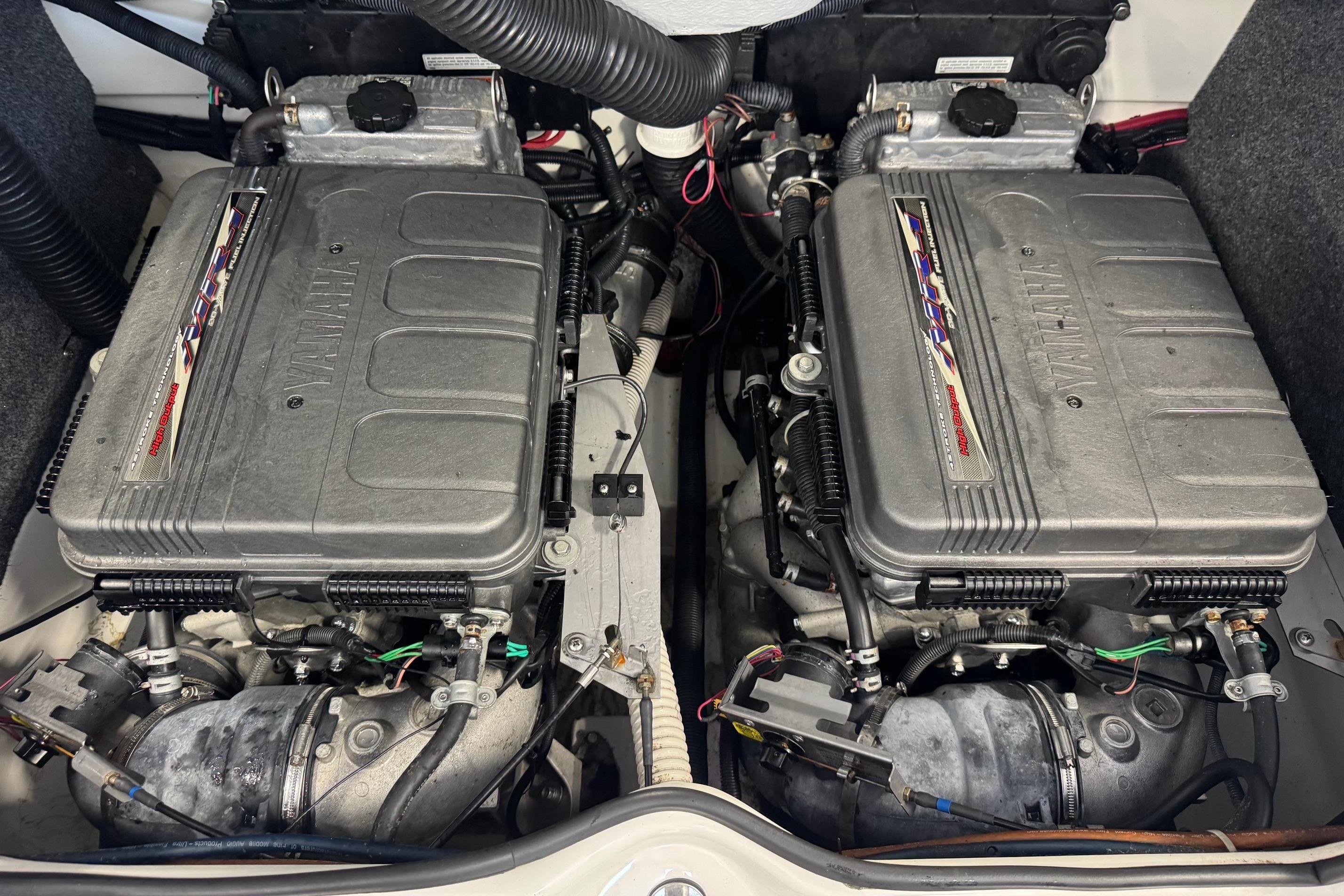 Engine compartment of a 2007 Yamaha SX230 HO boat with dual engines.
