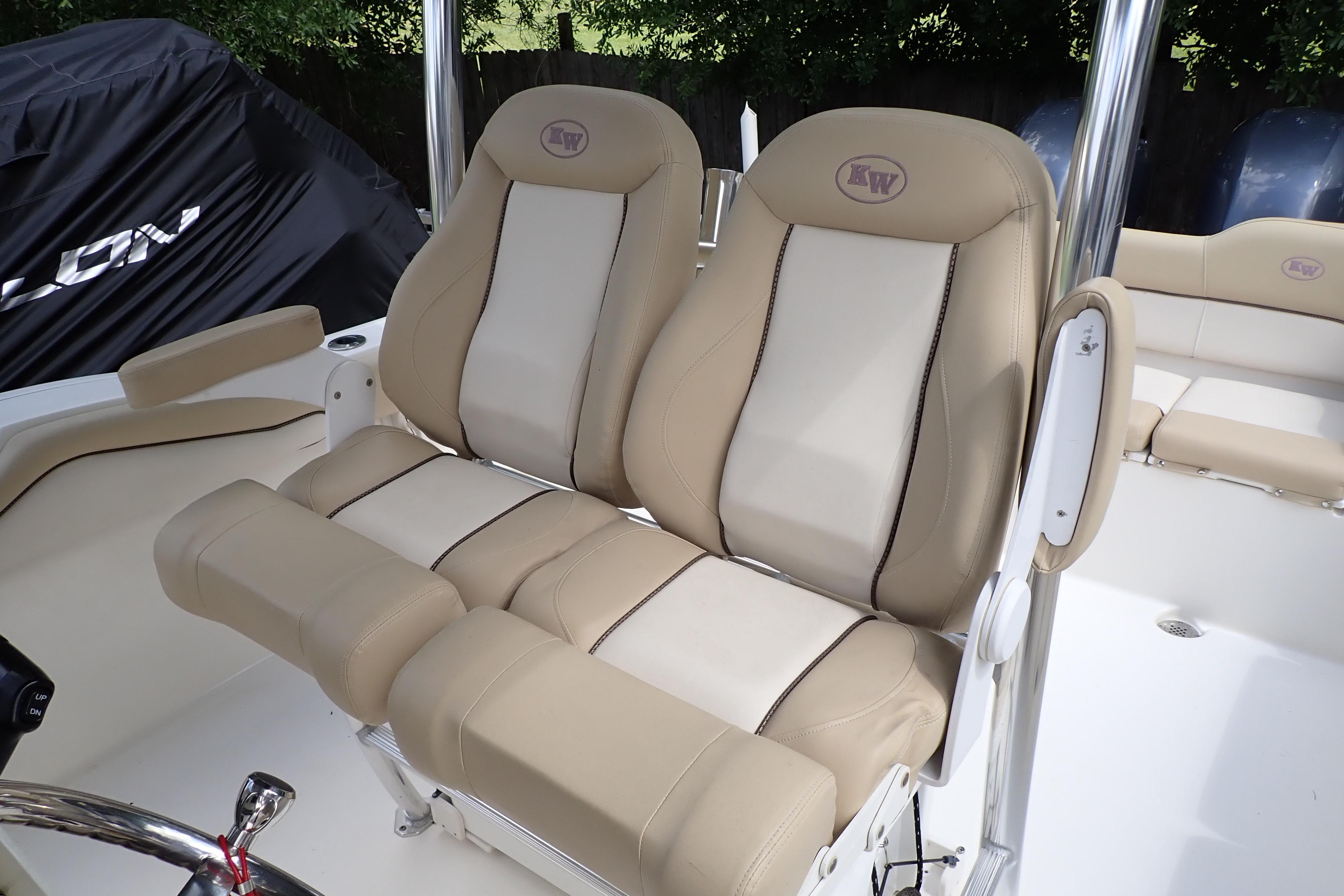 2019 Key West 263 FS boat seats with beige and cream upholstery.