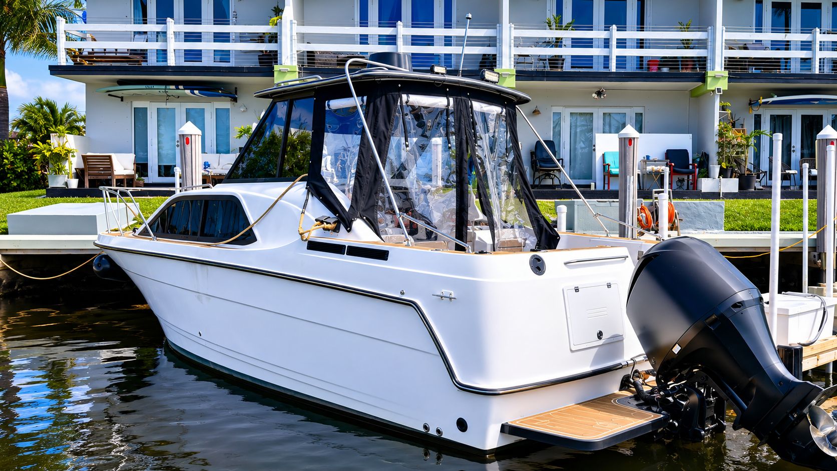 2001 Bayliner 2452 Ciera Classic docked in front of a modern building.