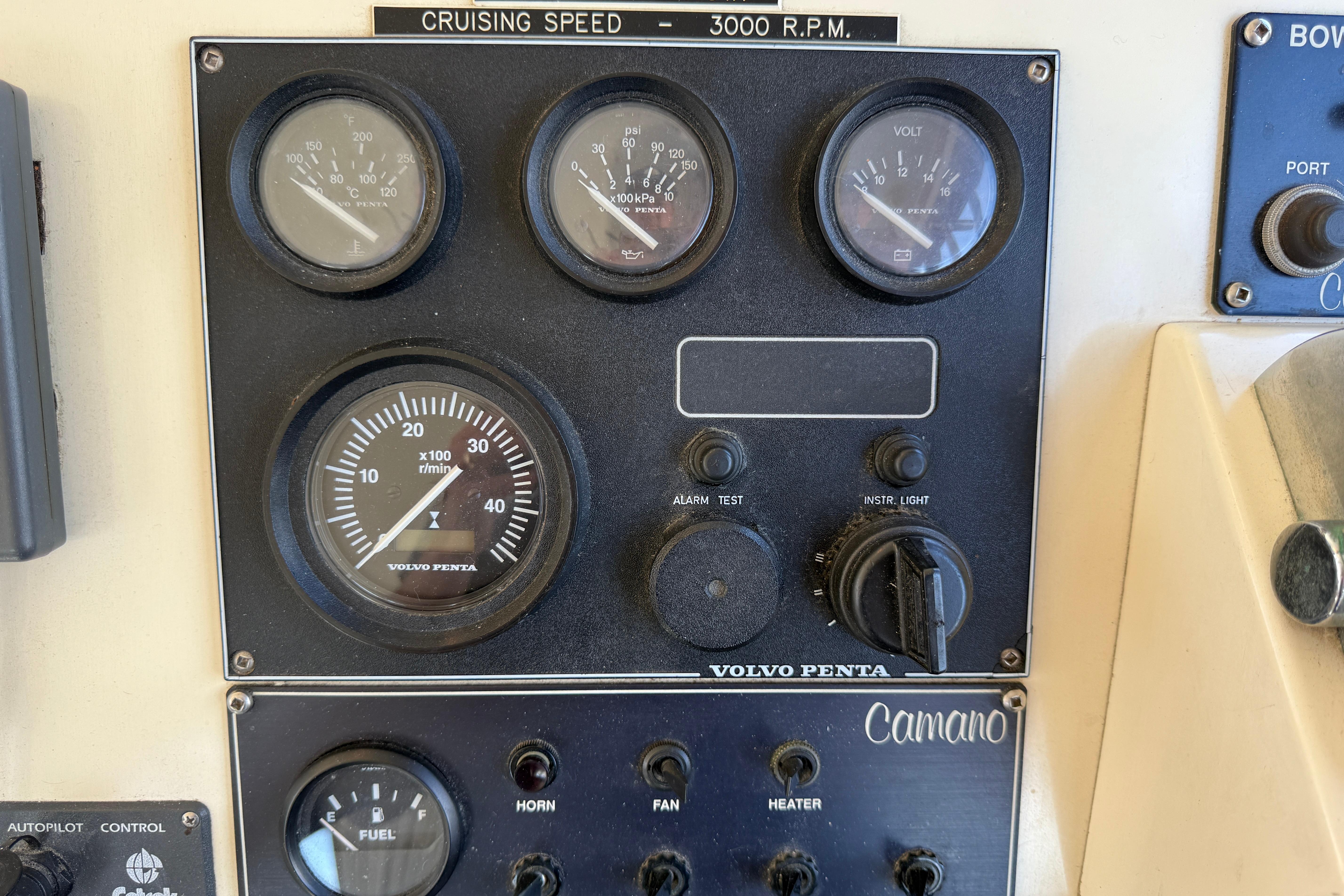 Control panel of a 1994 Camano Troll boat featuring Volvo Penta gauges and switches.