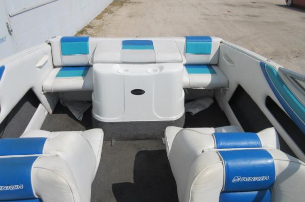 1993 Rinker 186 Captiva boat interior with blue and white seating.