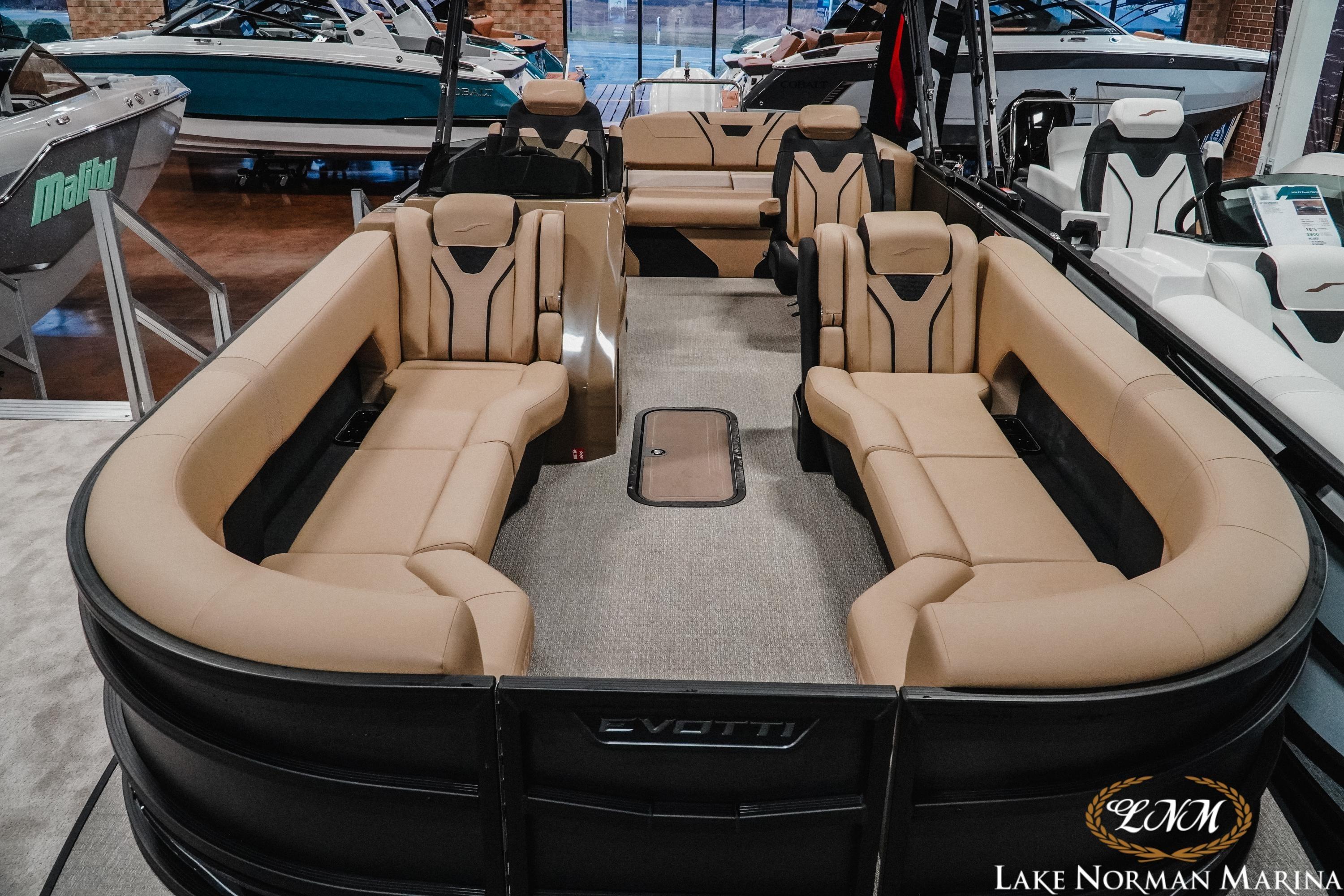 Luxurious 2026 Evotti 725CS pontoon boat interior at Lake Norman Marina.