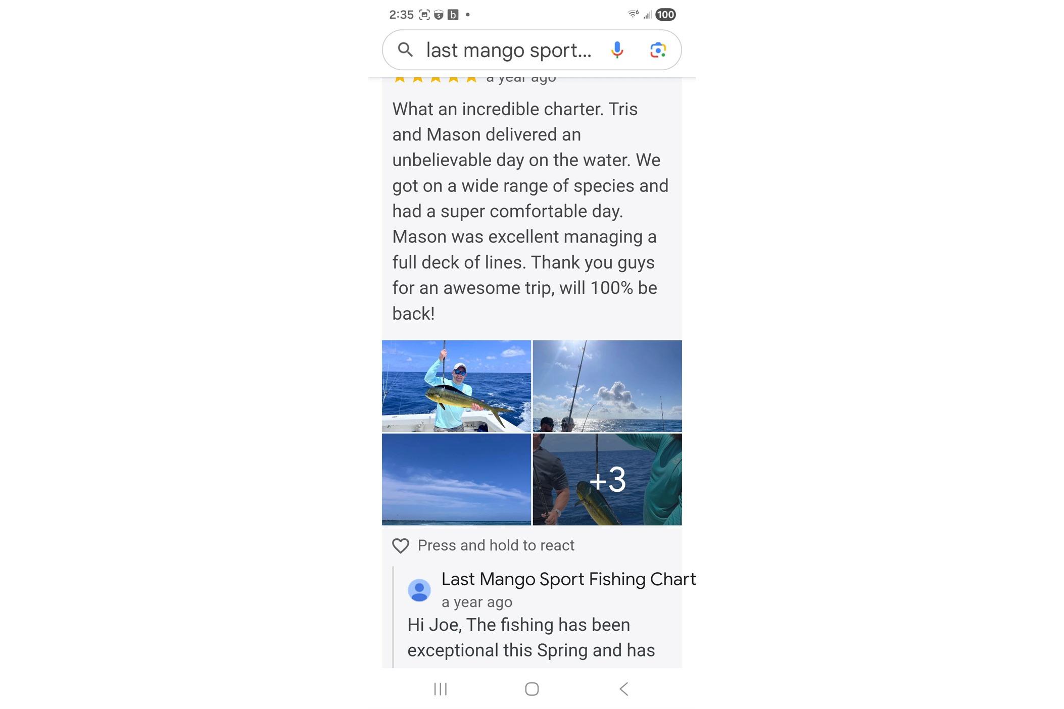 Review of a fishing charter with images of a successful catch and ocean views.