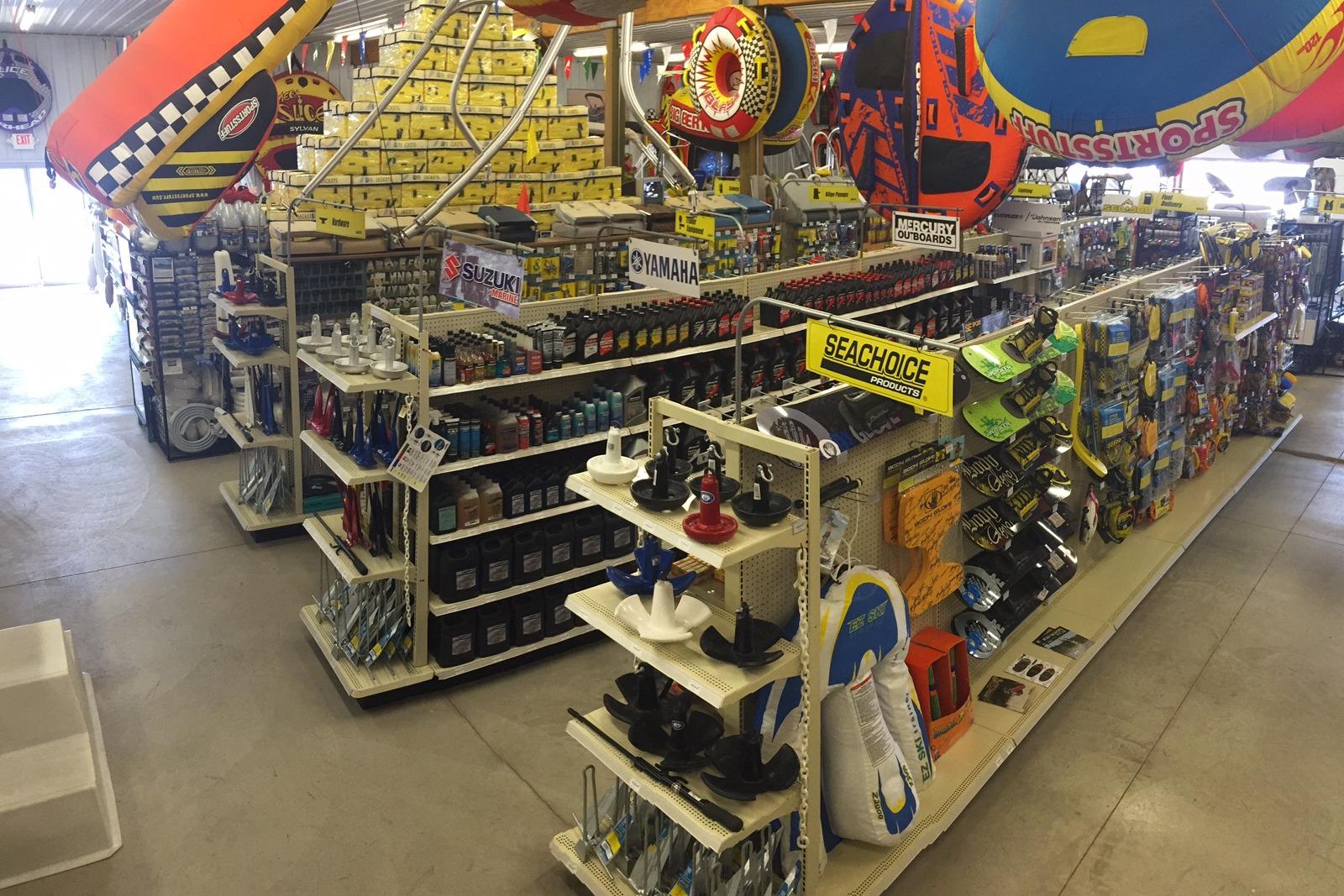 Boat accessories store with various products and brands.