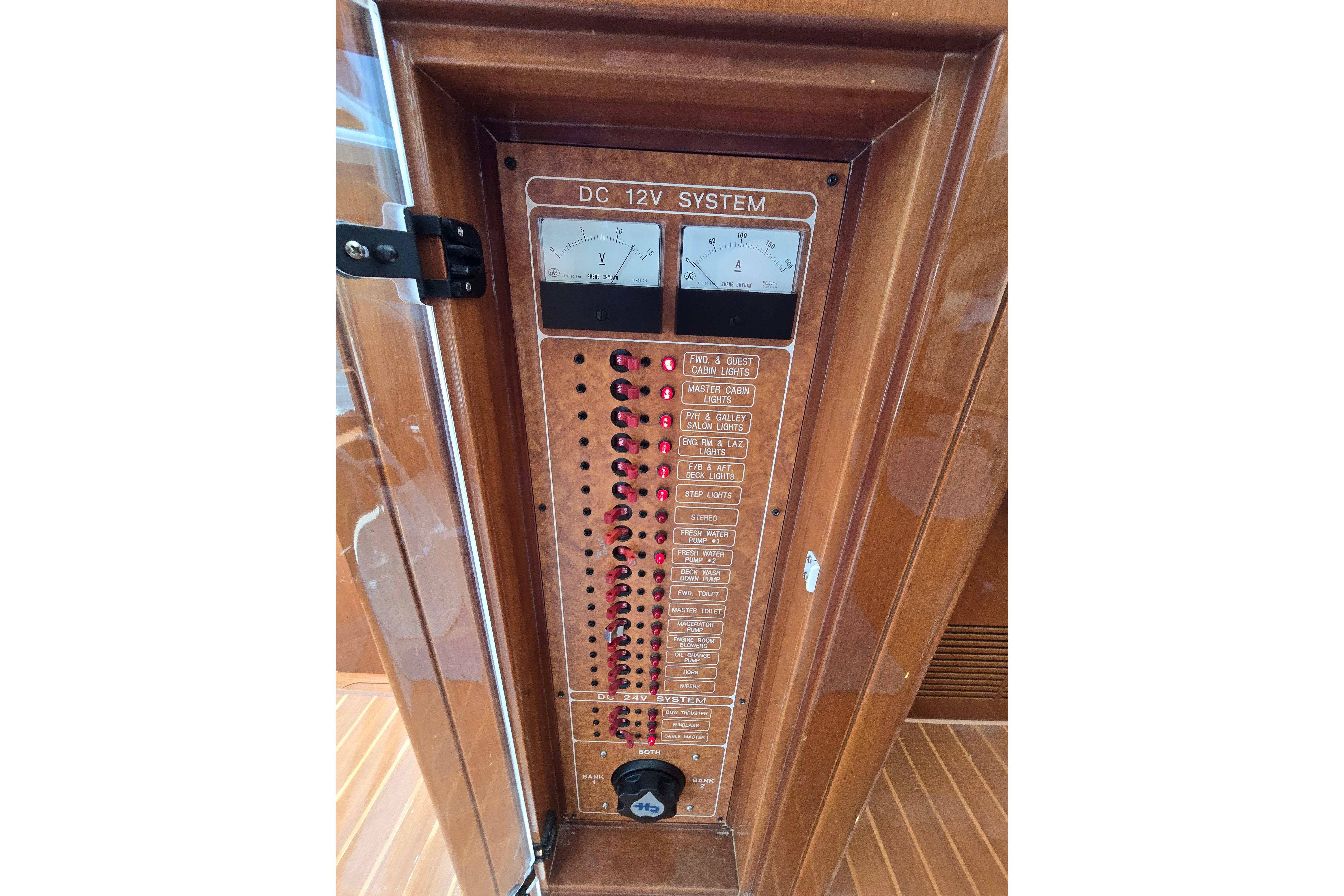 DC 12V system panel on 2004 Grand Harbour 58 yacht, featuring voltmeter and circuit switches.