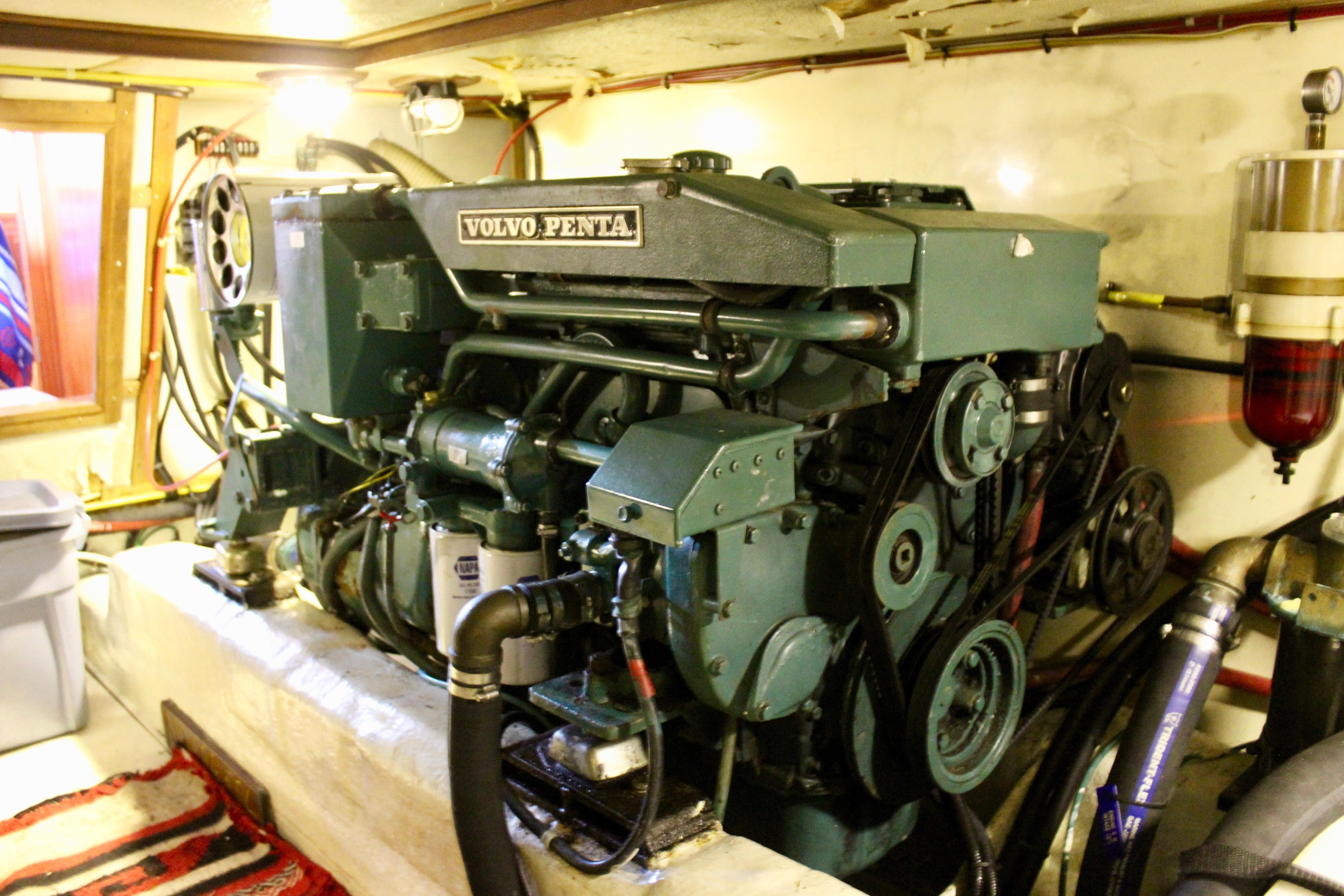 Engine room of 1986 Kha Shing Spindrift 46 with Volvo Penta engine.