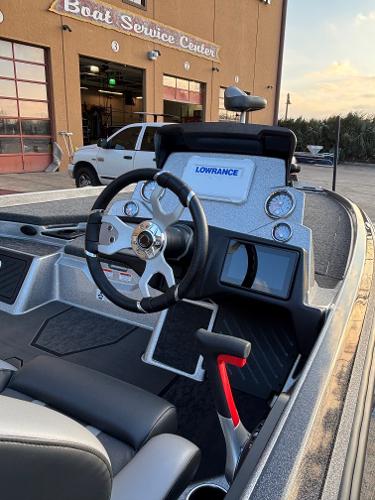 2025 Nitro Z21 XL boat dashboard with Lowrance system at service center.