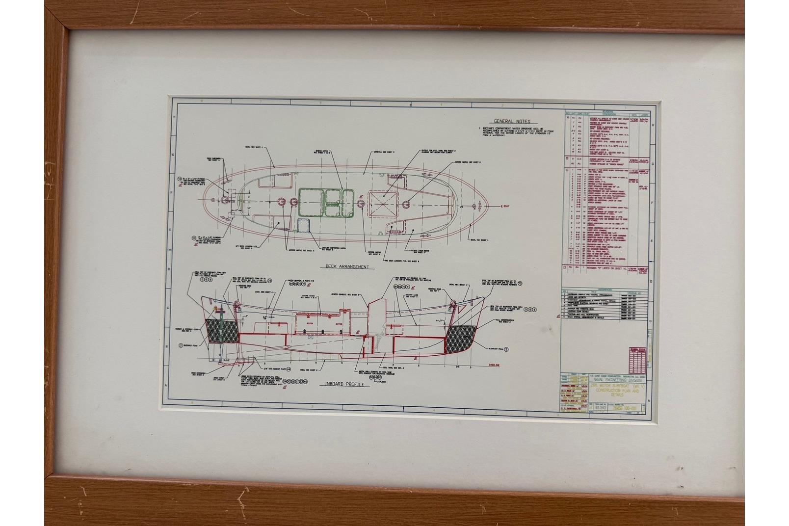 Framed technical drawing of a vessel by Ocean Technical Services, 1997.