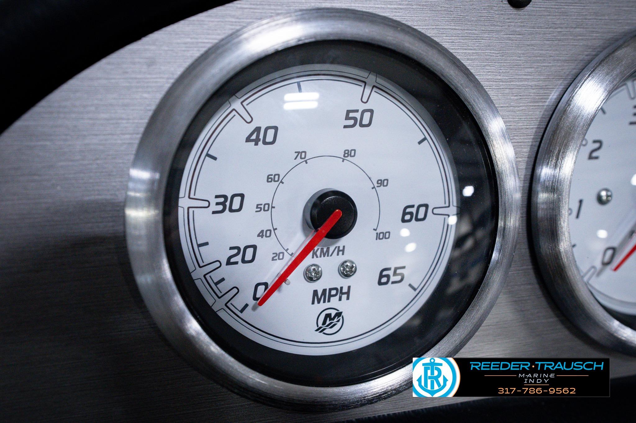 Close-up of 2026 Lund 1600 Fury SS speedometer, displaying MPH and KM/H.