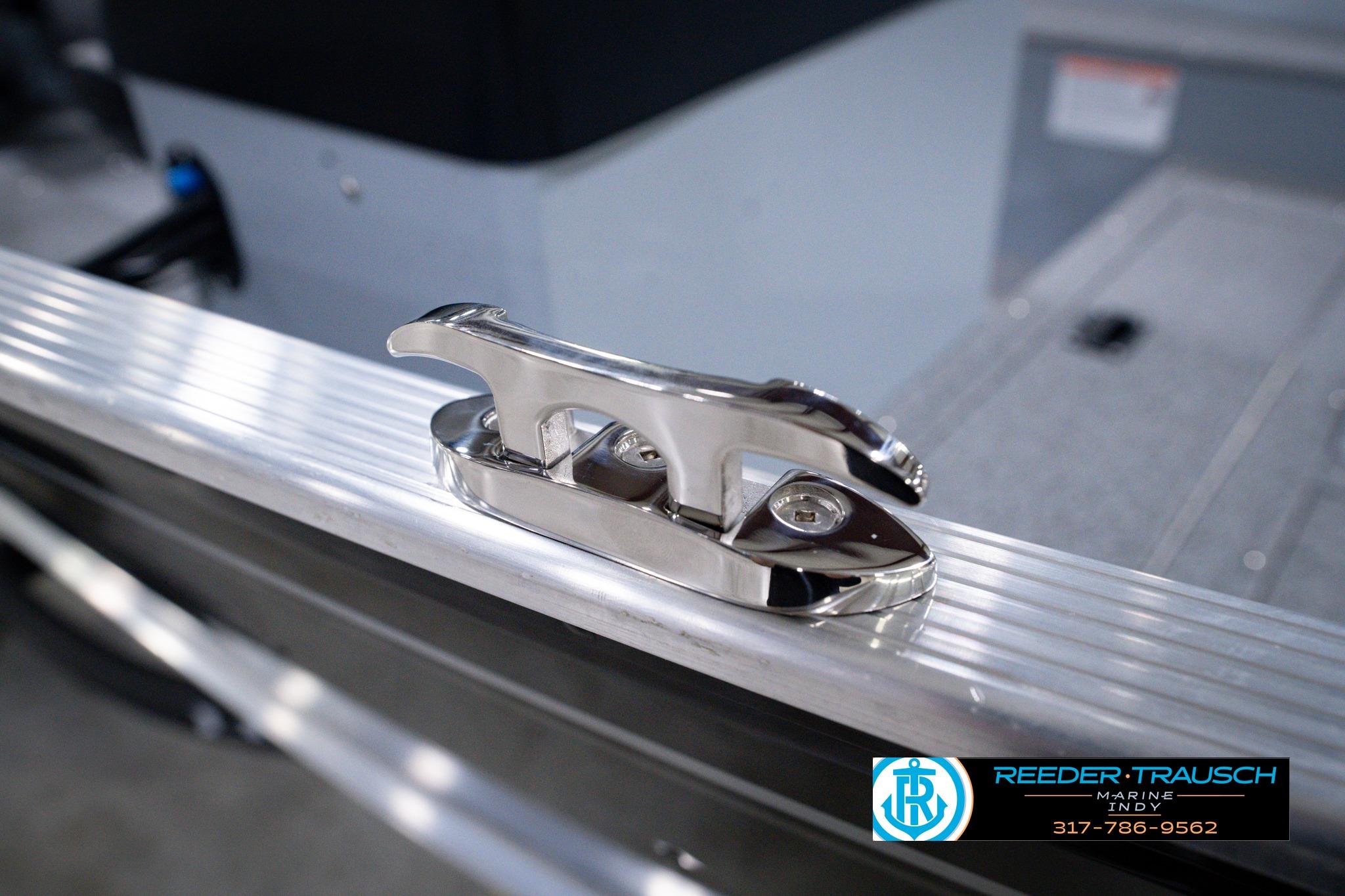 Chrome cleat on 2026 Lund 1600 Fury SS boat, Reeder-Trausch Marine branding visible.