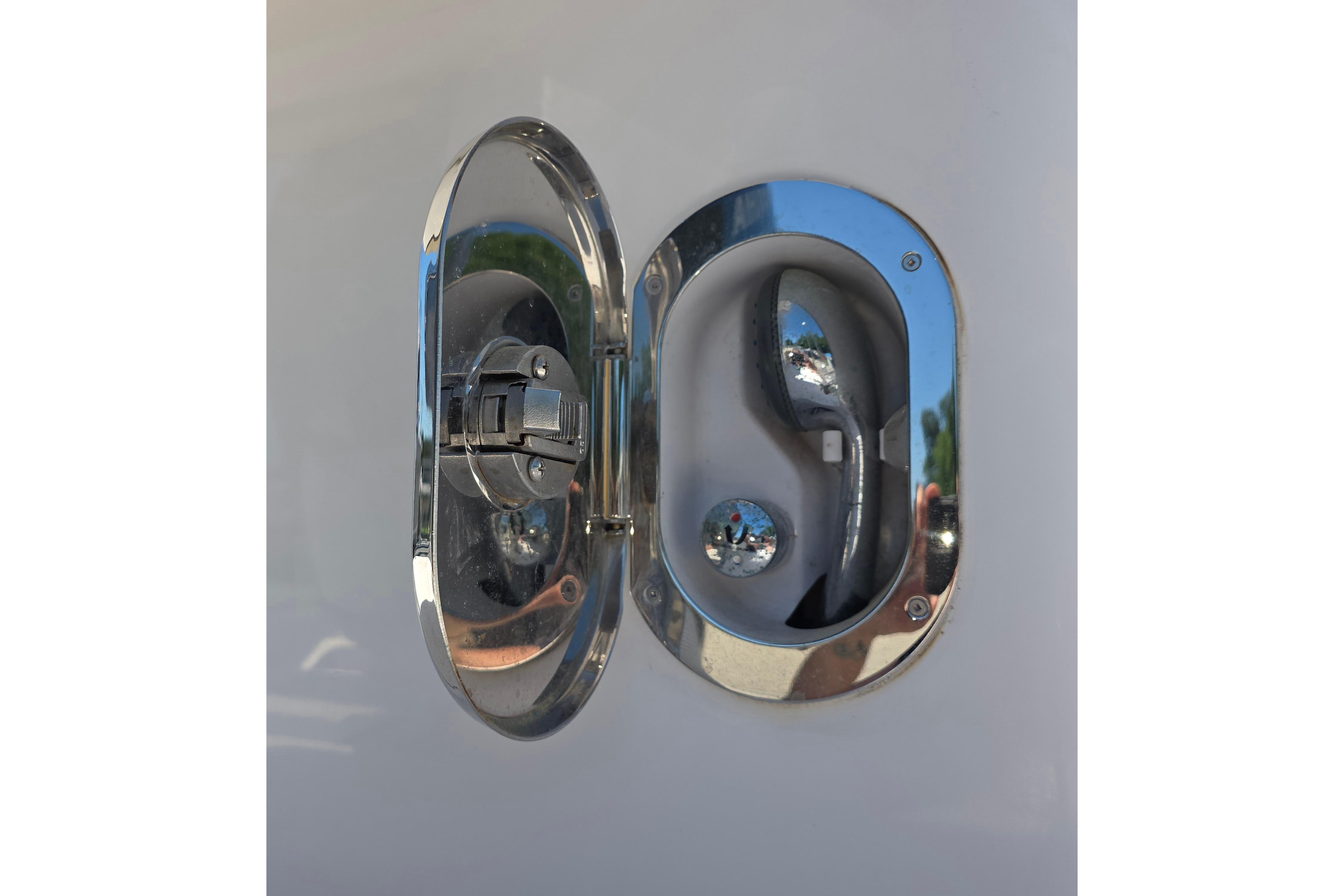 Chrome hatch handle on 2021 Ranger Tug R27 boat.