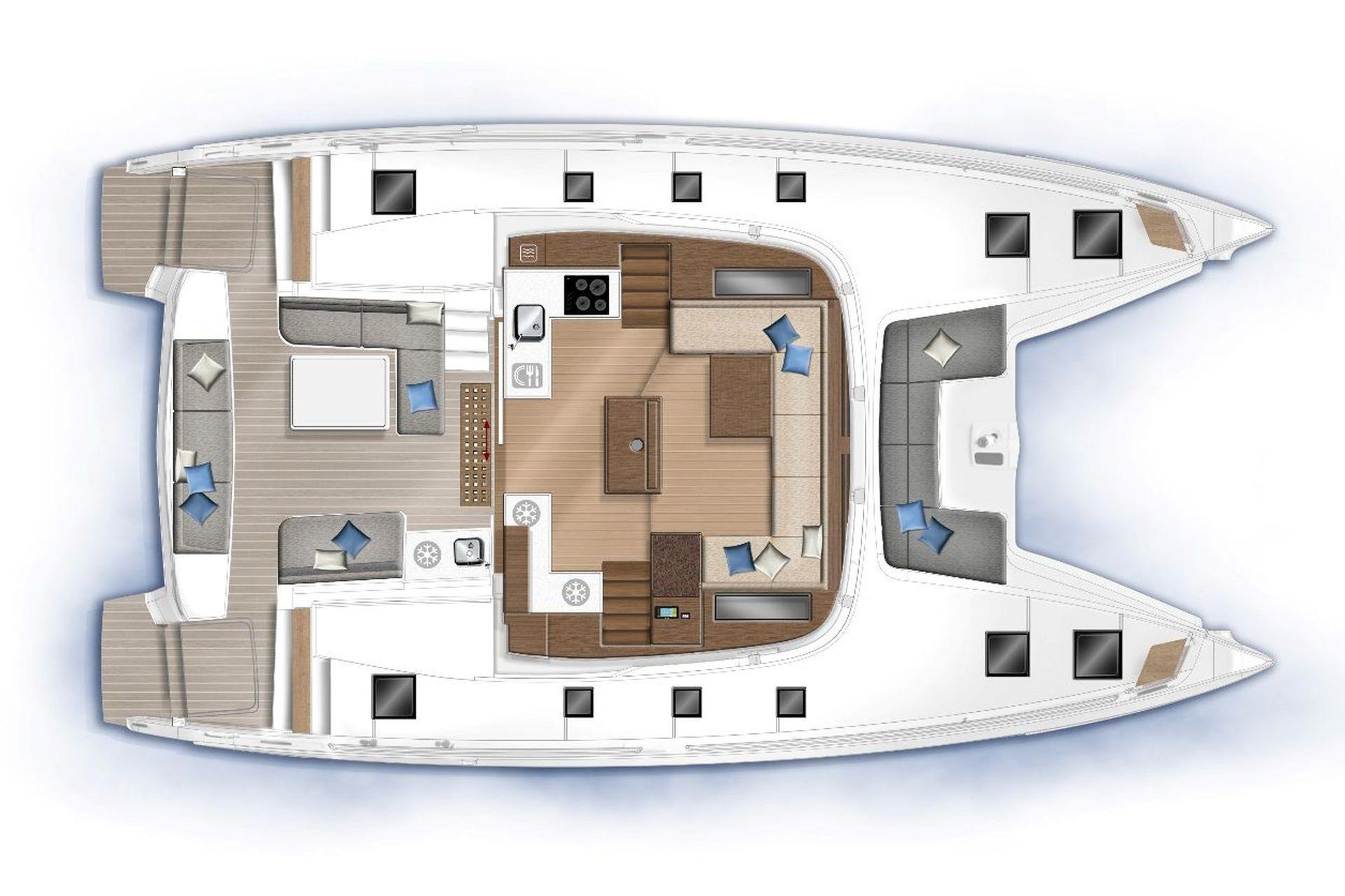 Top view layout of 2022 Lagoon 500 catamaran, featuring spacious interior and deck areas.