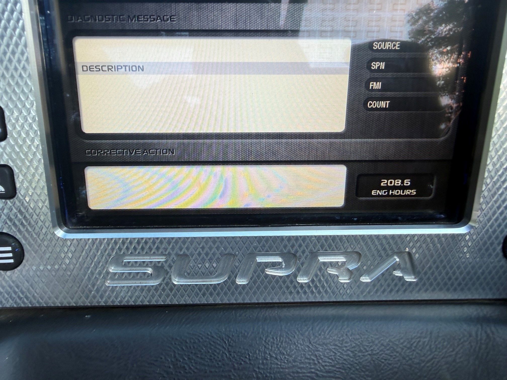 2014 Supra SC350 dashboard with screen displaying 208.6 engine hours.