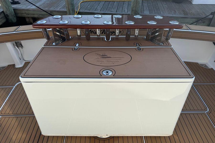 2002 Viking 61 Enclosed Bridge yacht deck with fishing rod holders.