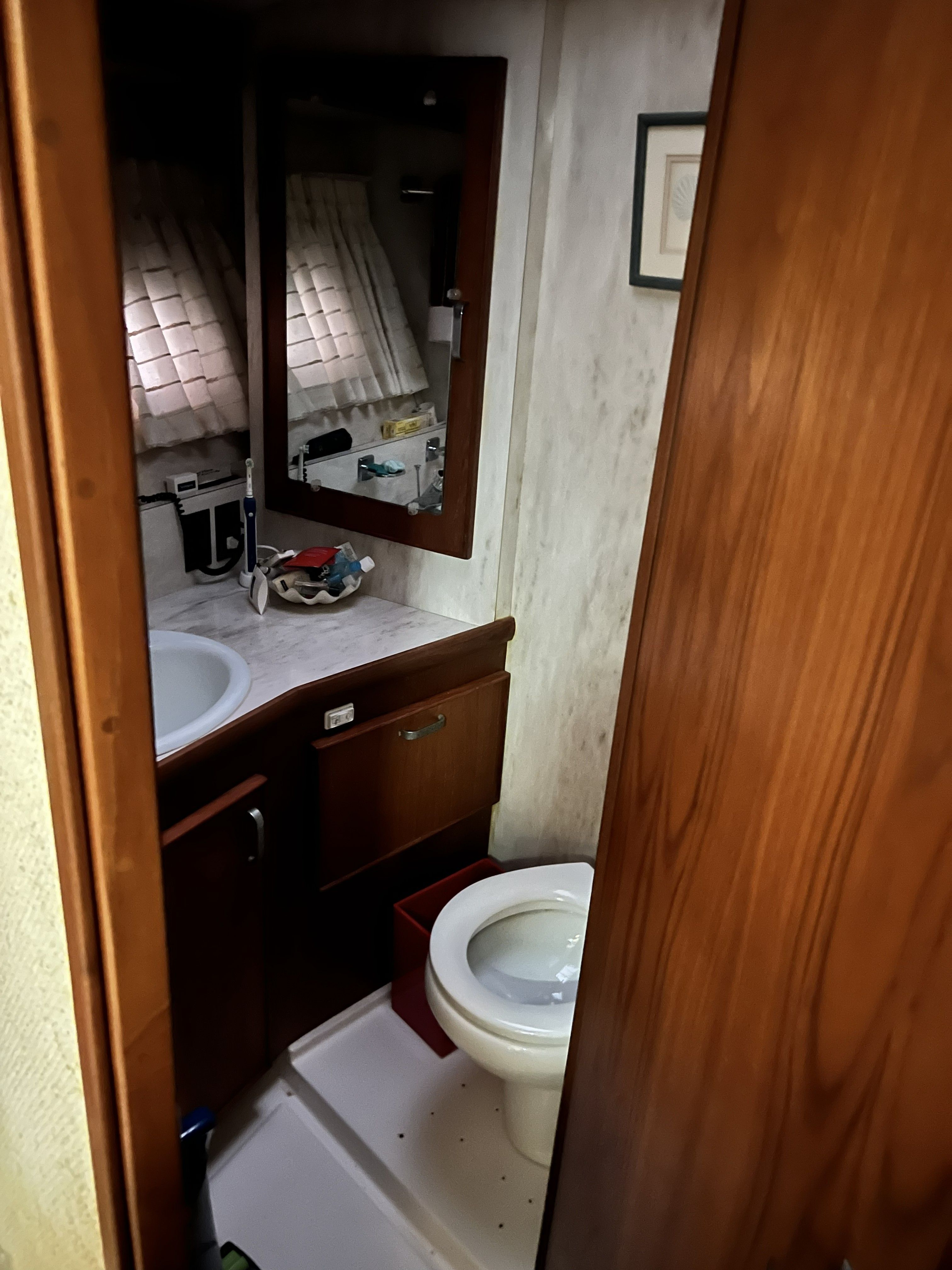 Bathroom in a 1979 Chris-Craft 45 TF with toilet, sink, and mirror.