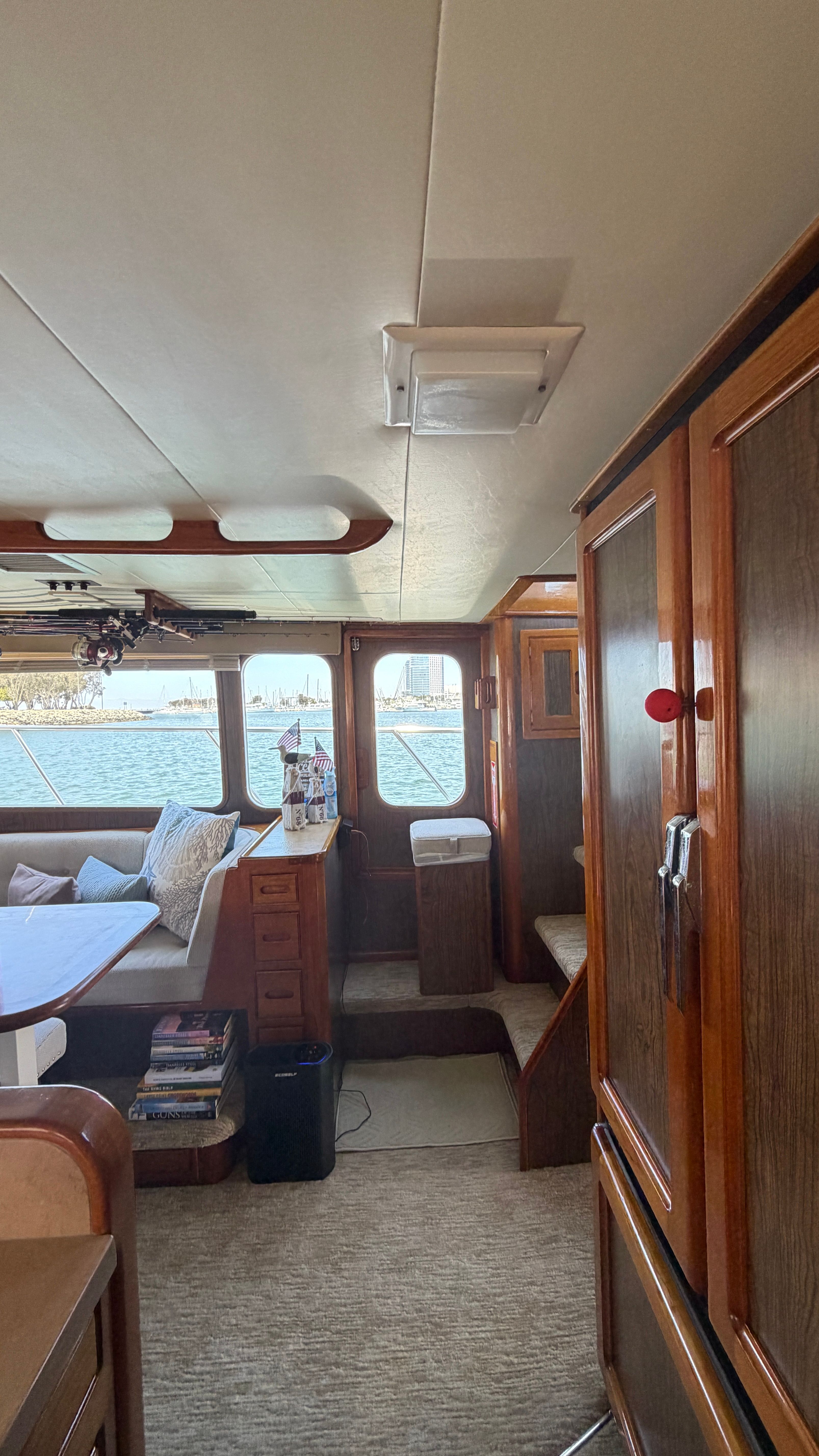 Interior of a 1966 Drake Yachtfisher with wooden furnishings.