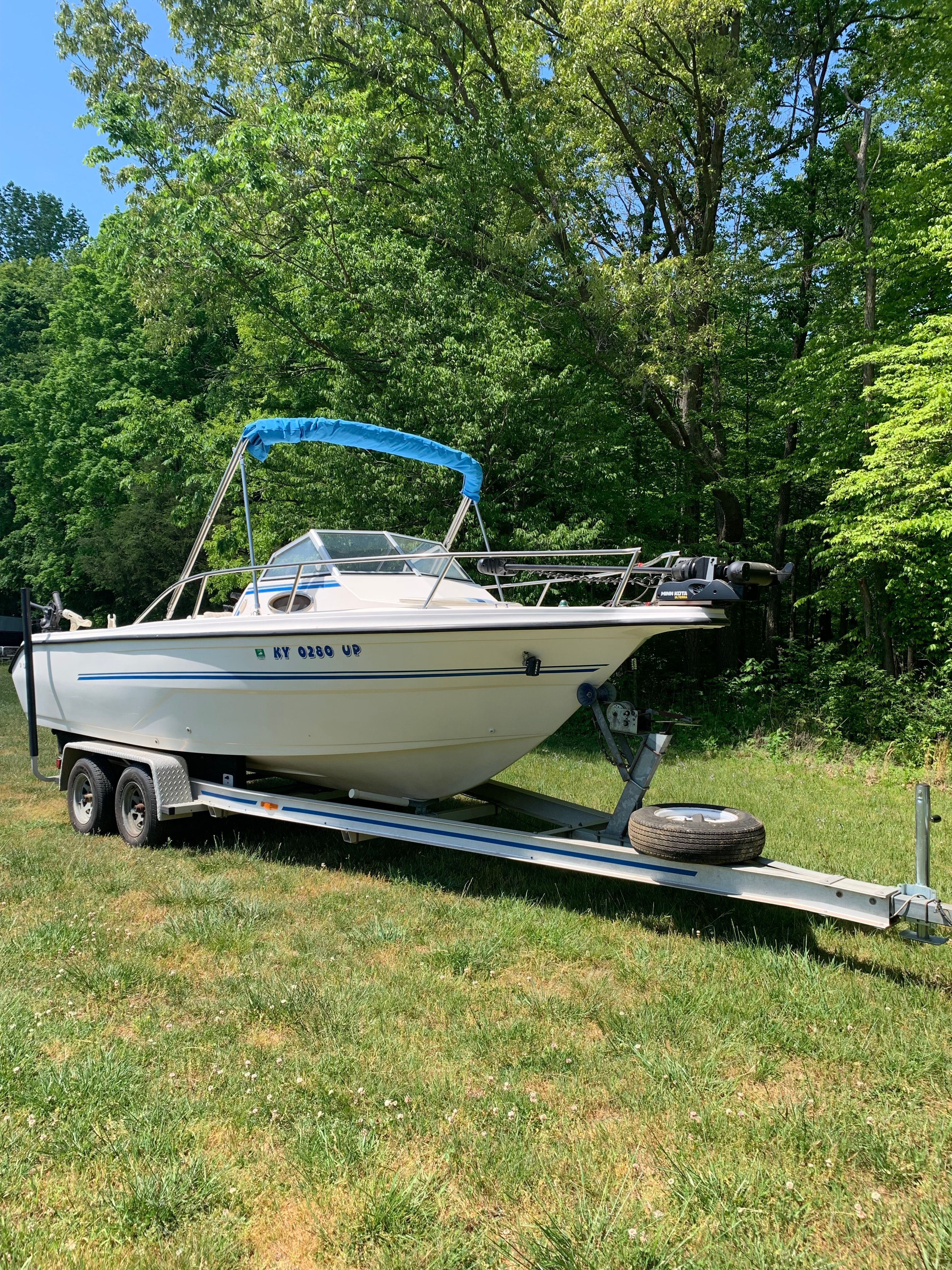 1998 Eurosport 221WA boat on trailer in grassy area.