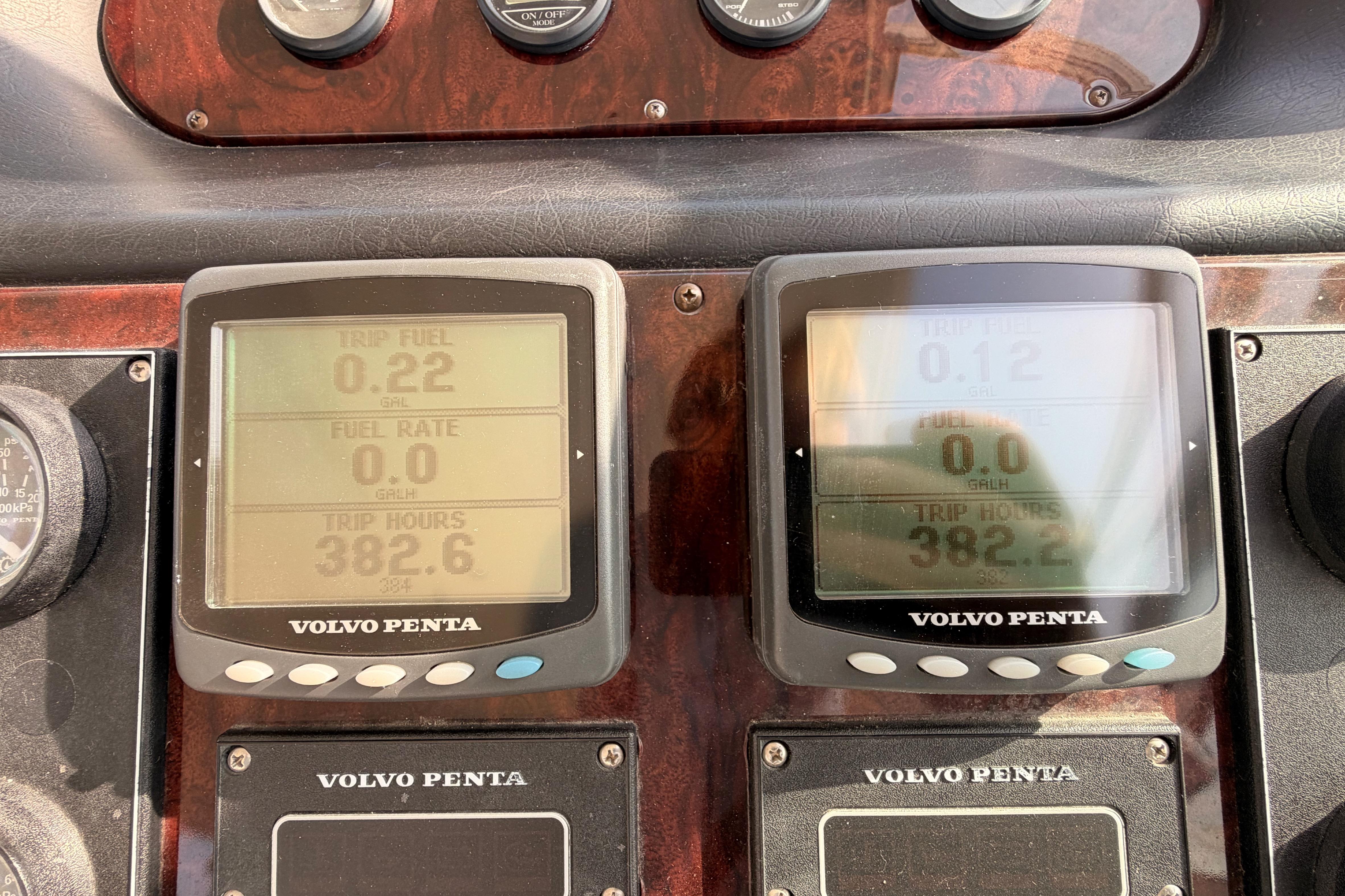 Volvo Penta displays on 2005 Cruisers Yachts 405 Express Motoryacht dashboard showing trip data.