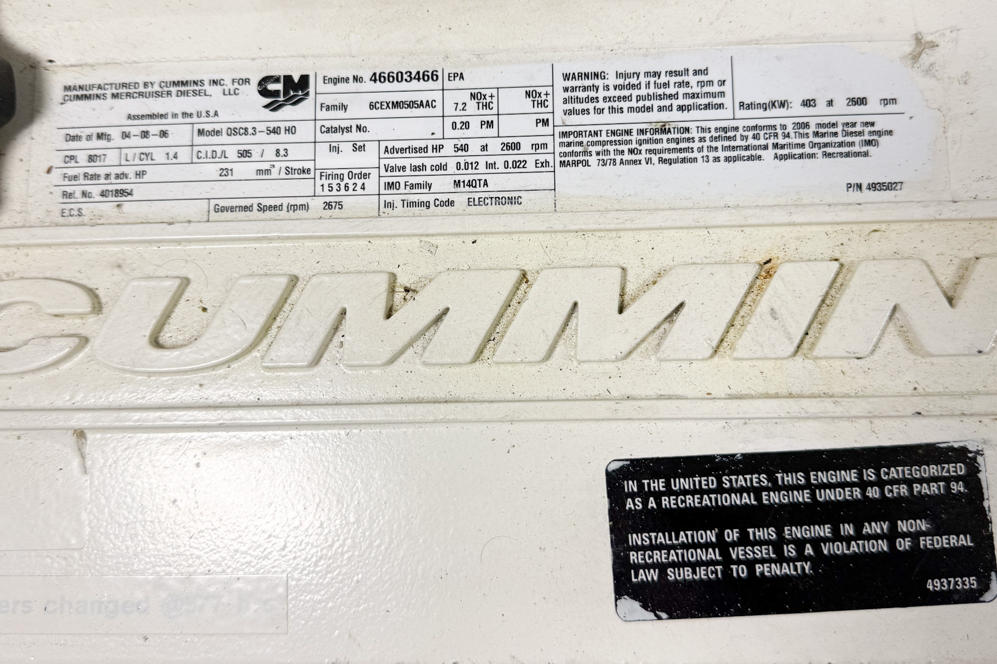 Cummins engine label on a 2007 Nordic Tug 54, detailing specifications and warnings.