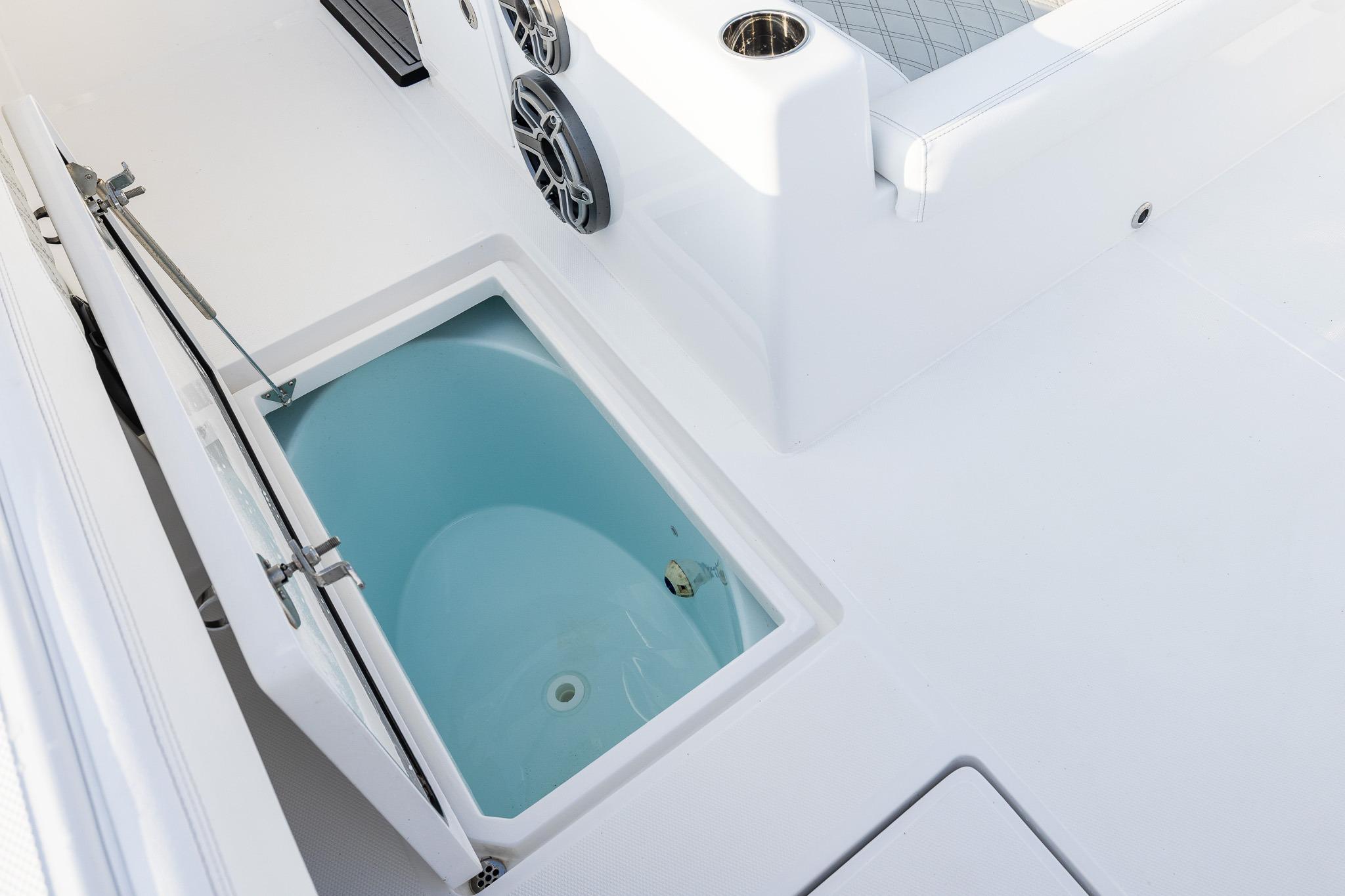 Open storage compartment on 2026 Front Runner 37 Catamaran deck.