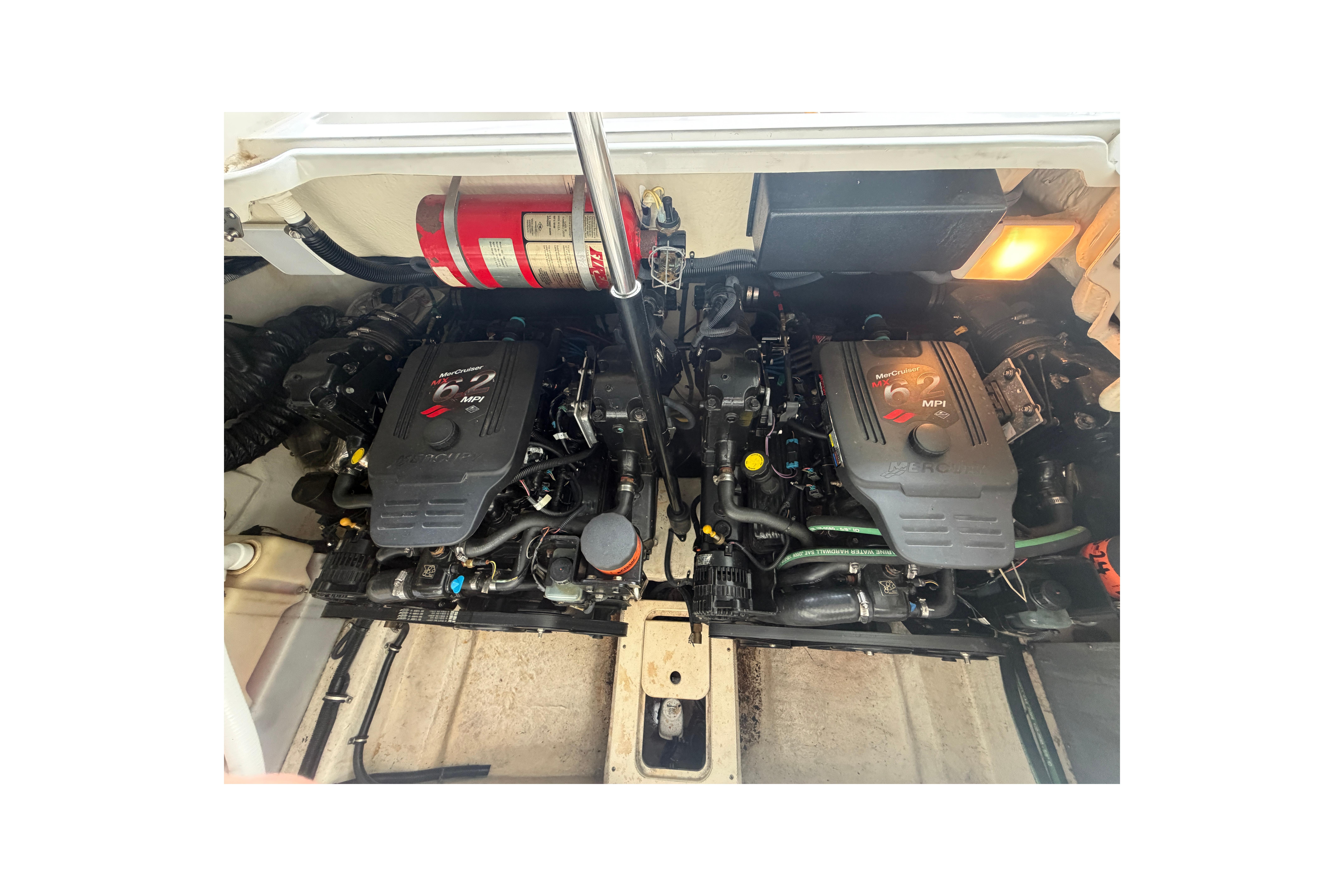 Engine compartment of a 2007 Monterey 298SSX Super Sport boat with dual MerCruiser engines.
