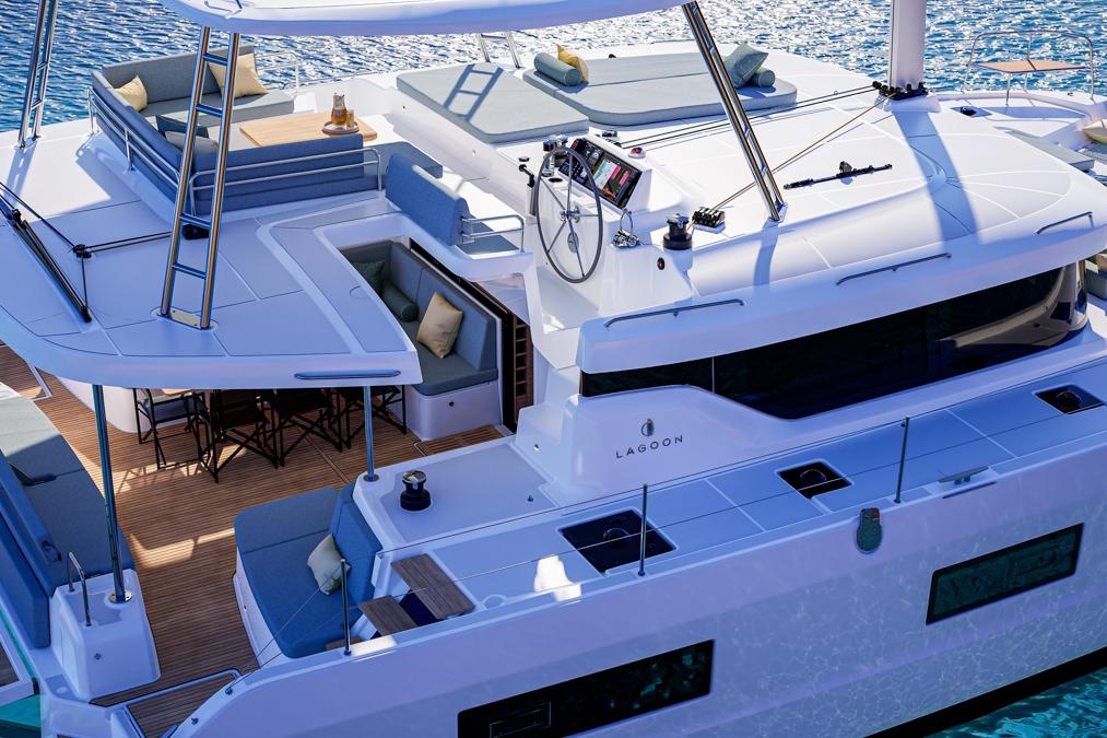 Luxurious 2026 Lagoon 47 yacht on serene blue waters.