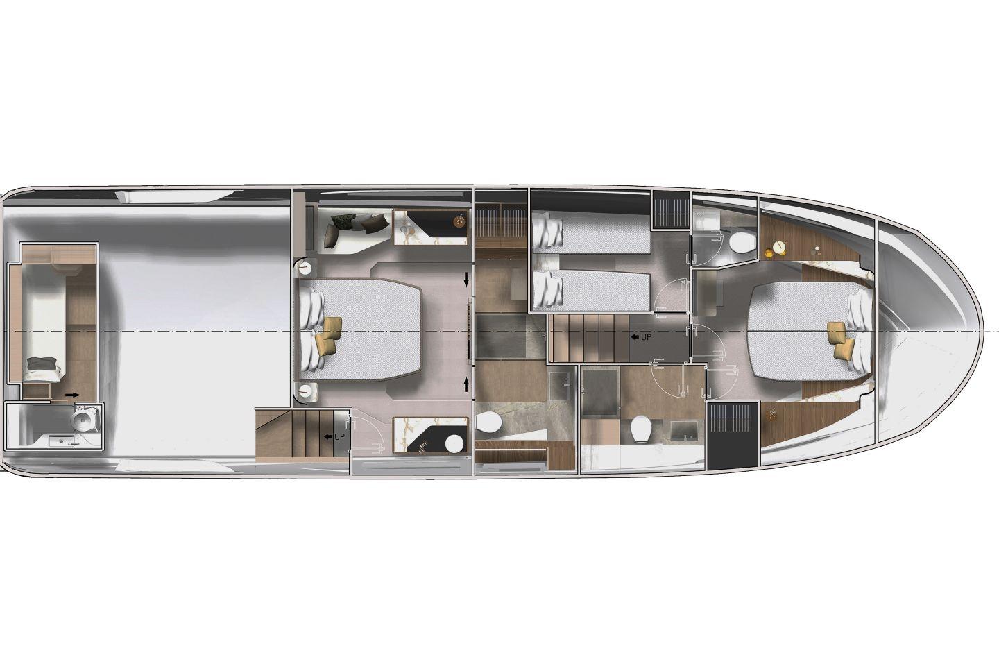 Floor plan of 2026 Prestige X60 yacht, showcasing luxurious cabin layout and amenities.