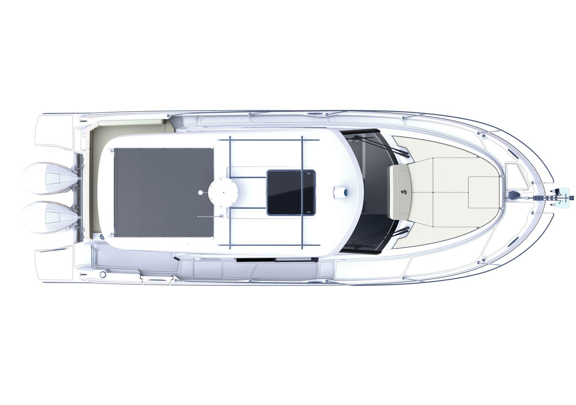 Top view of 2025 Beneteau Antares 9 boat layout, showcasing sleek design and spacious deck.