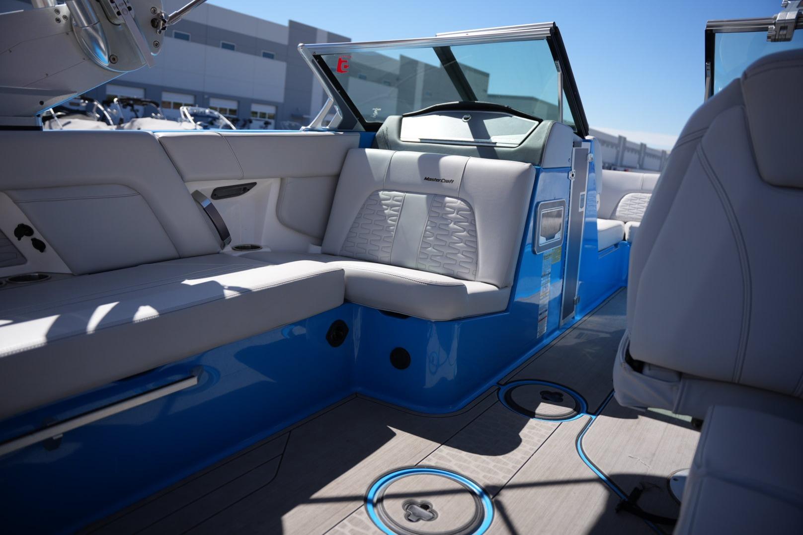 2020 MasterCraft X22 boat interior with luxurious seating and modern design.