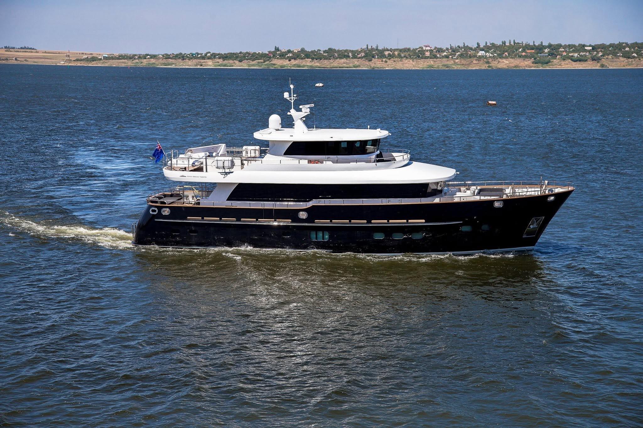 Fifth Ocean Yachts 24m Displacement Explorer Yacht cruising on open water, 2014 model.