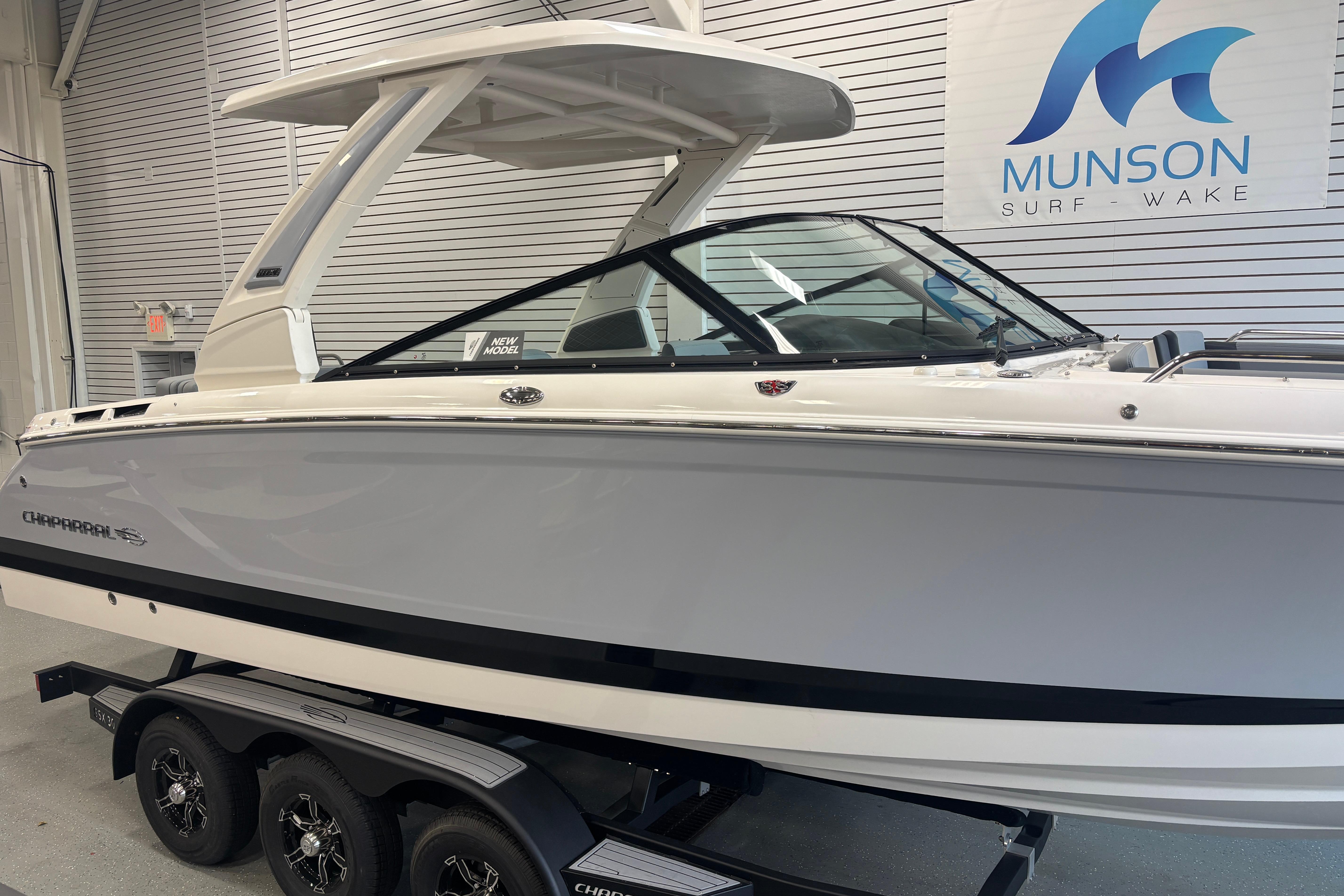 2026 Chaparral SSX 30 boat displayed at Munson Surf Wake showroom.