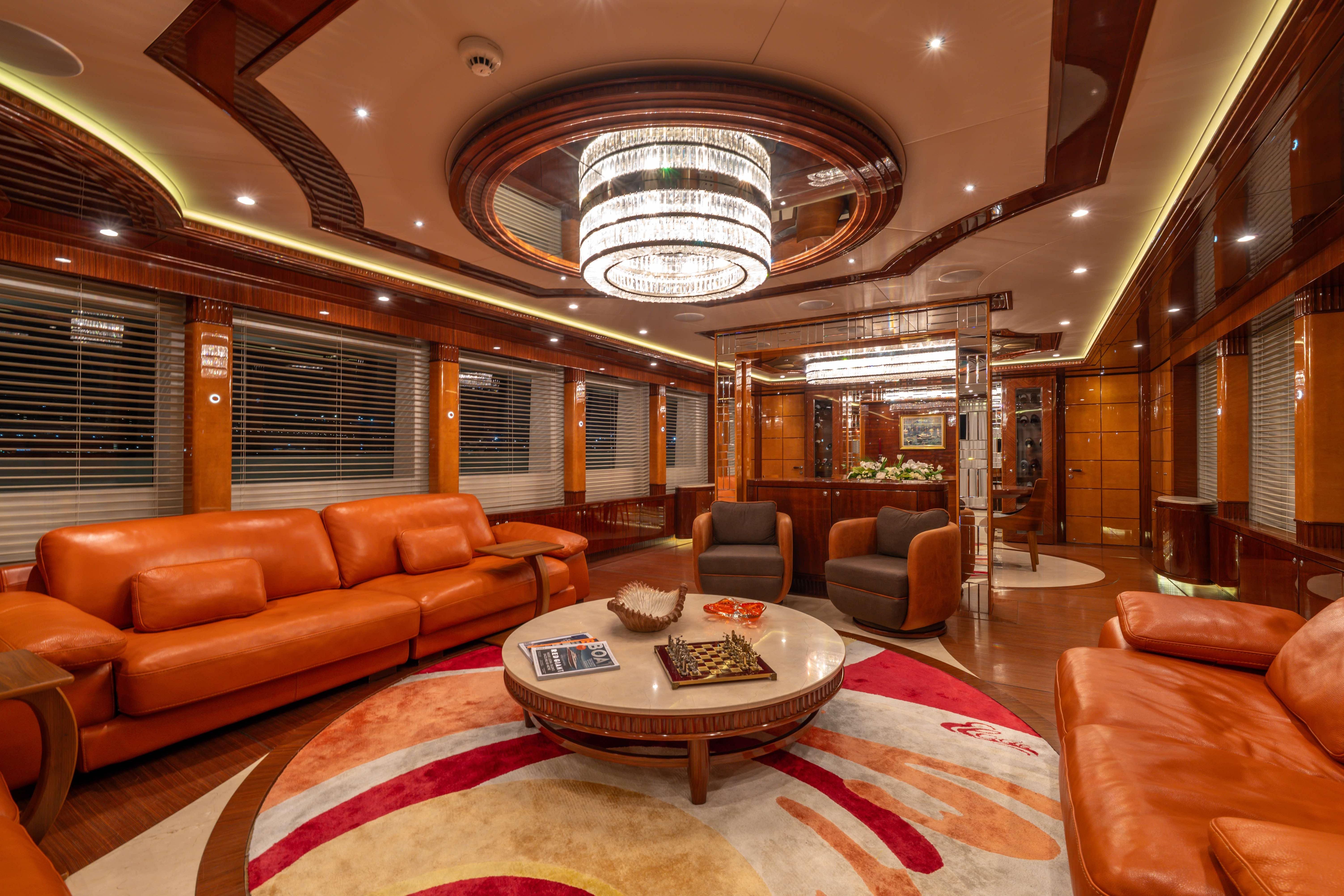 Luxurious interior of 2014 Bilgin 147 yacht with elegant leather seating and modern decor.