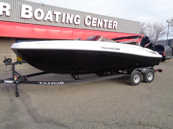 2024 Tahoe T21 boat on trailer outside Boating Center.