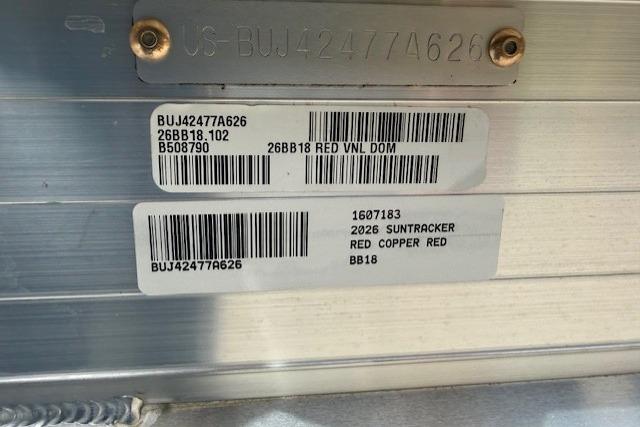 2026 Sun Tracker Bass Buggy 18 DLX identification labels with barcodes and serial numbers.