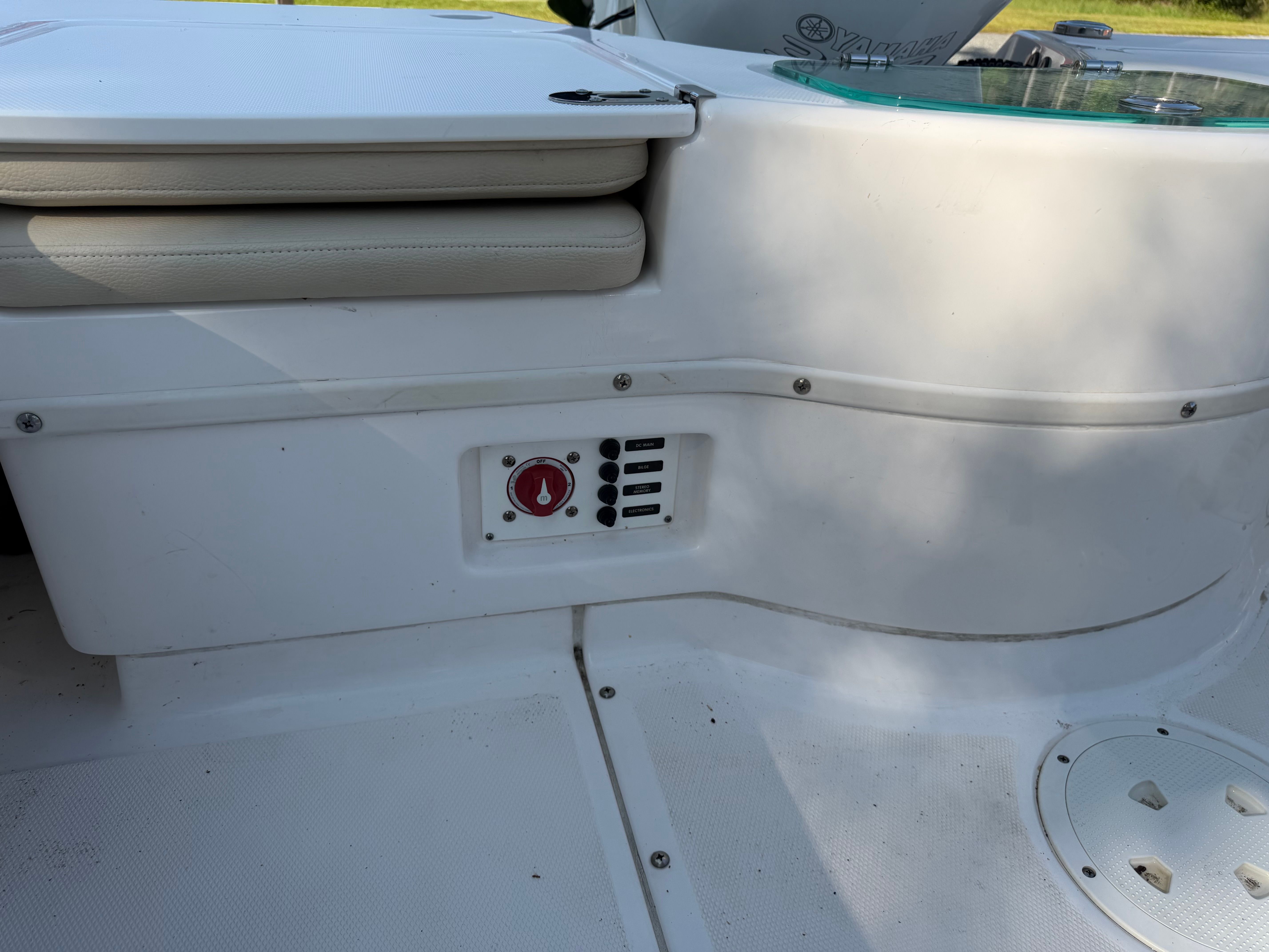 Close-up of the interior of a 2016 Everglades 243 Center Console boat.