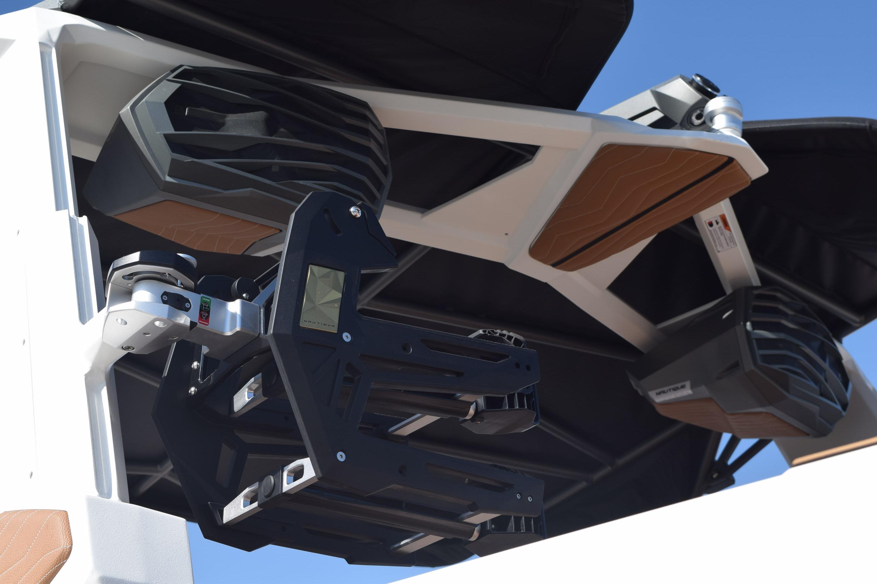 2026 Nautique Super Air Nautique G23 boat speakers and wakeboard rack detail.