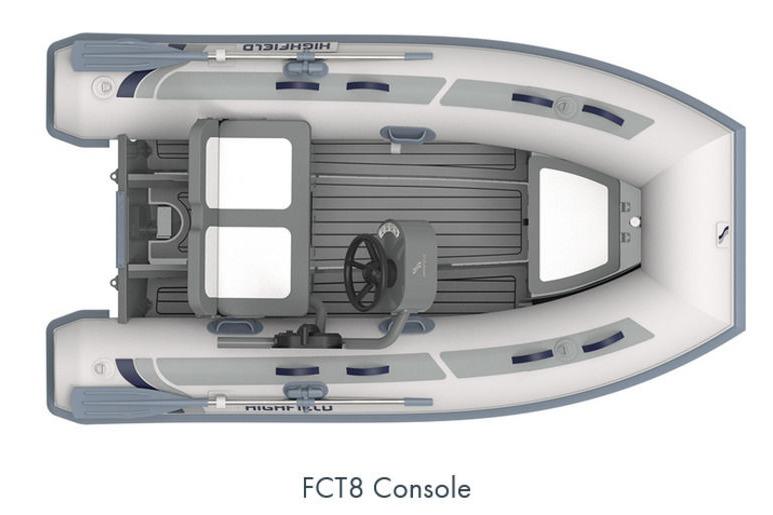 2025 Highfield CL340 boat with FCT8 console, top view.