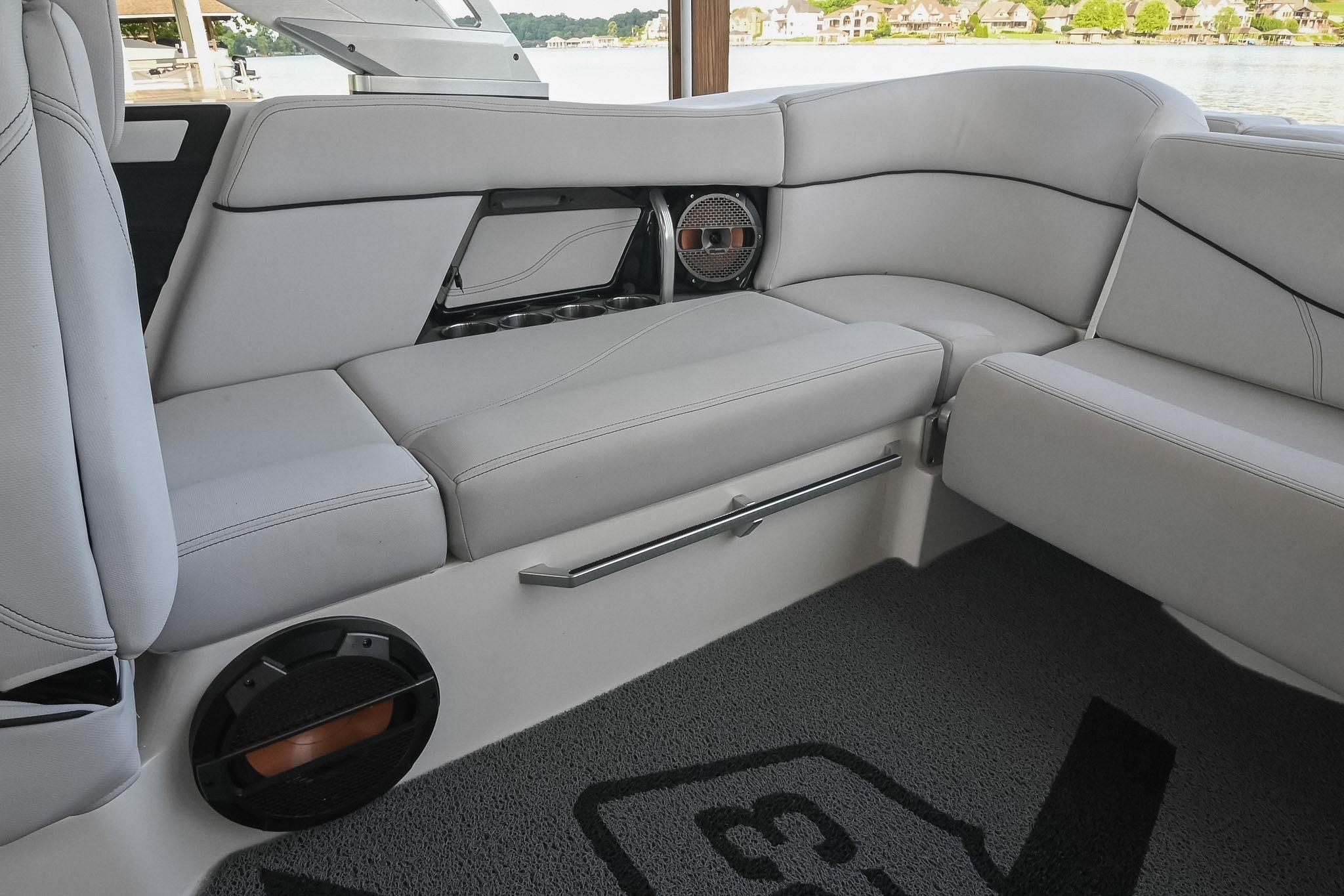 2018 MasterCraft X23 boat interior with plush seating and premium audio system.
