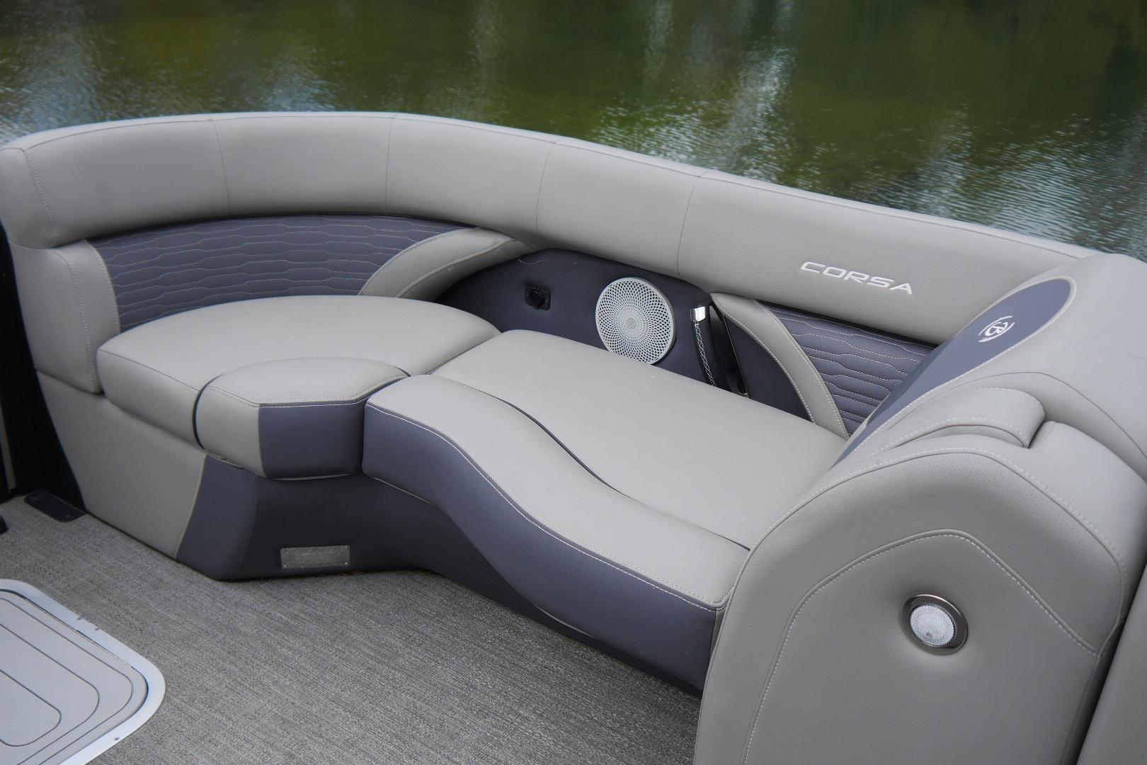 Luxurious seating on 2023 Barletta CORSA 25UE pontoon boat, featuring elegant design and comfort.