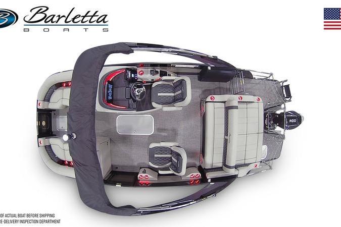 2026 Barletta Lusso 23UCA pontoon boat, top view, showcasing spacious seating and modern design.