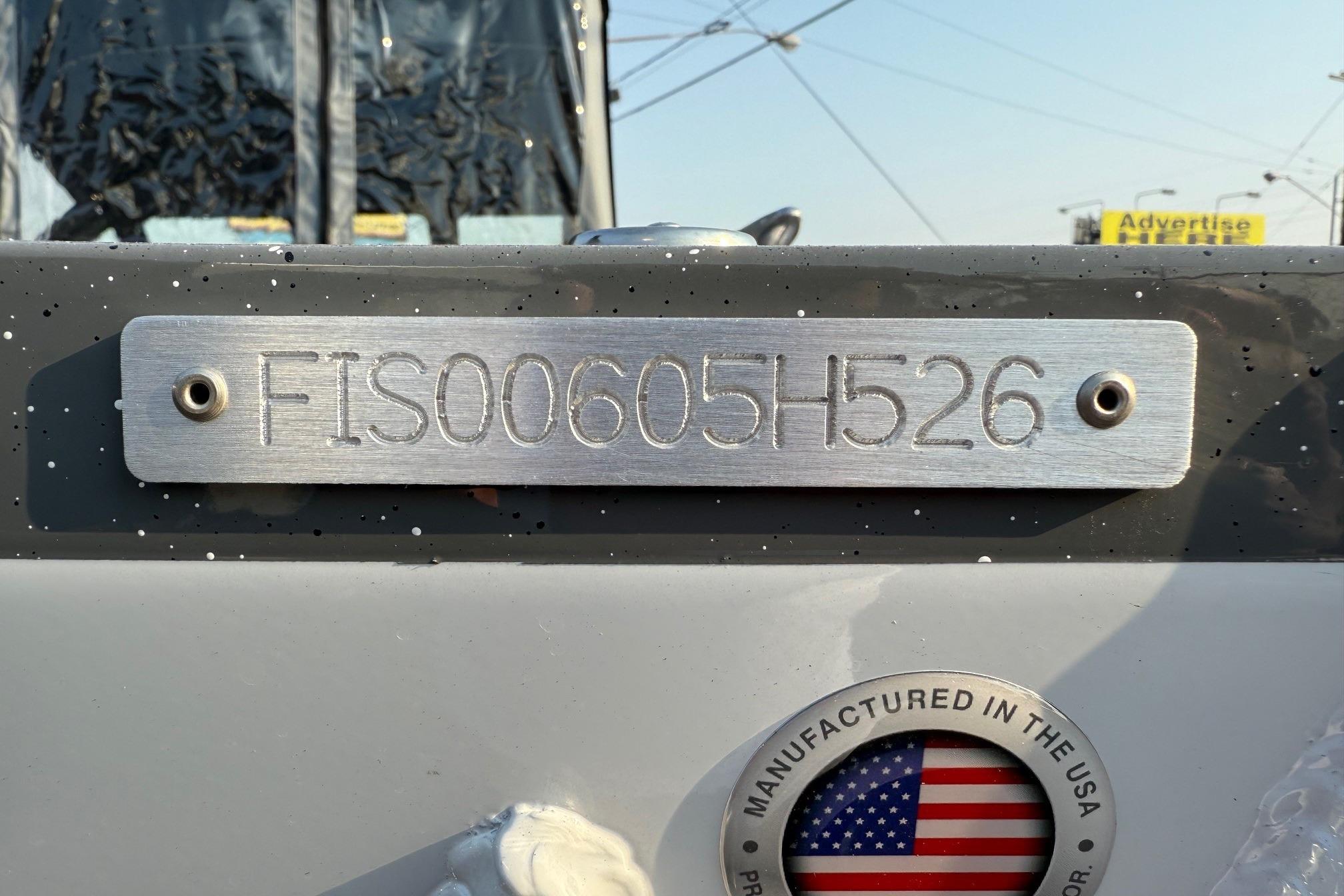 2026 Fish Rite Sportsman 20 boat identification plate with USA manufacturing label.