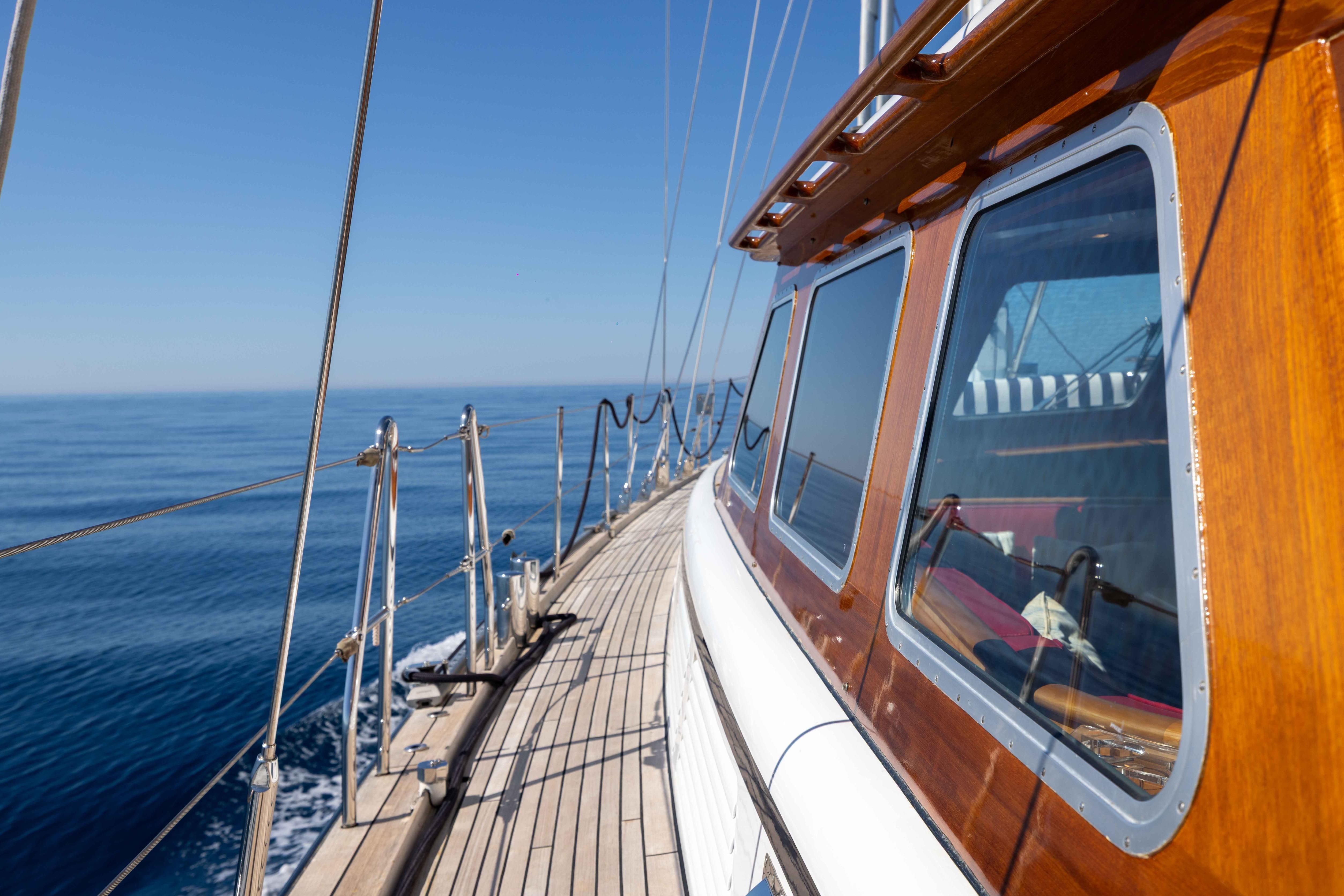 Sailing on a 2001 Jongert 31 yacht, clear blue sea and sky.
