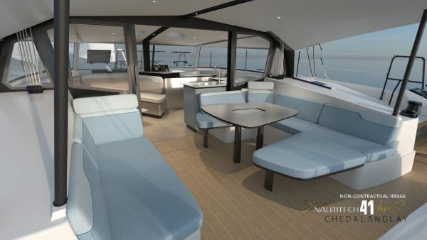 Luxurious interior of 2025 Nautitech 41 Type S catamaran with modern seating and dining area.