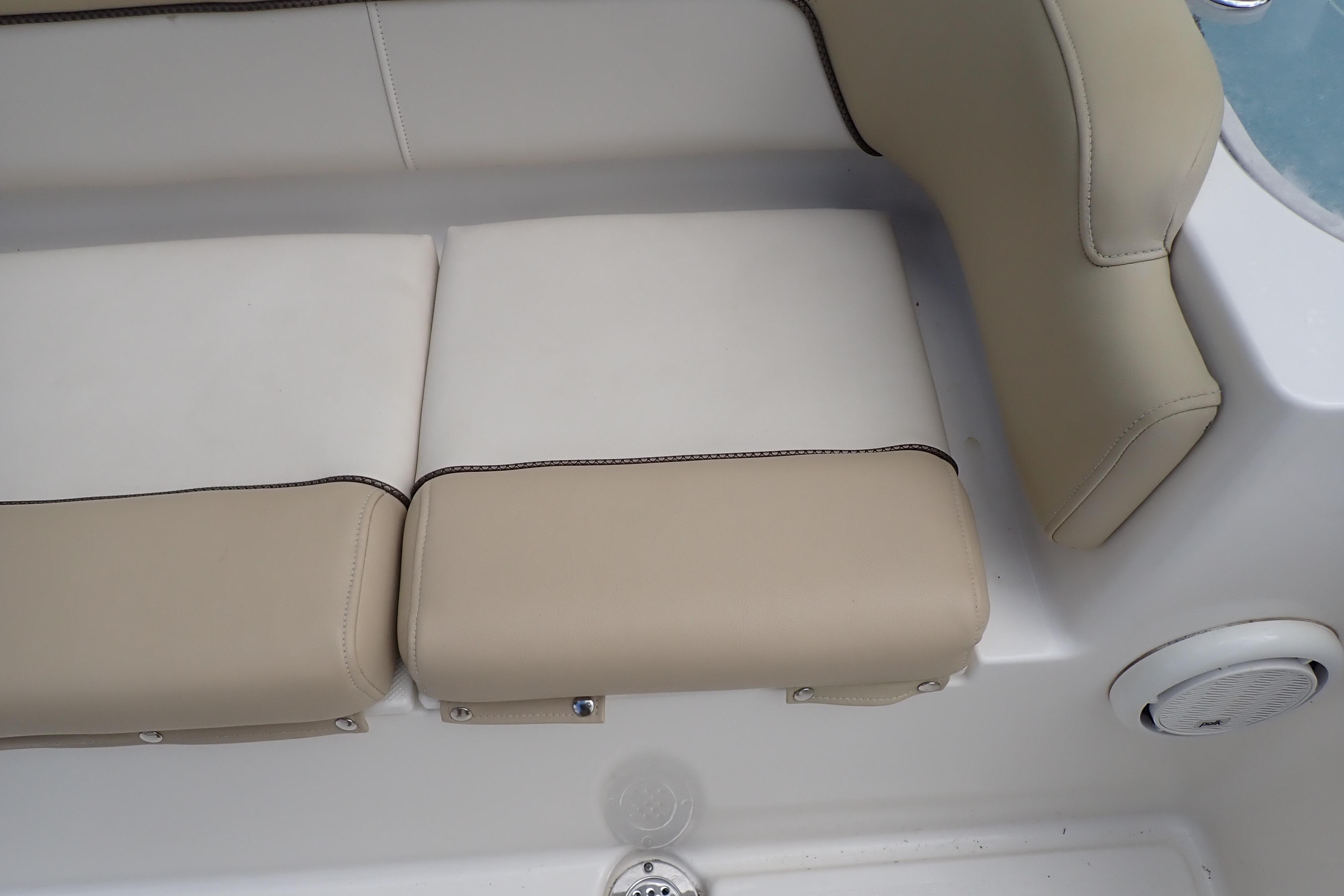 2019 Key West 263 FS boat seating with beige and white upholstery.