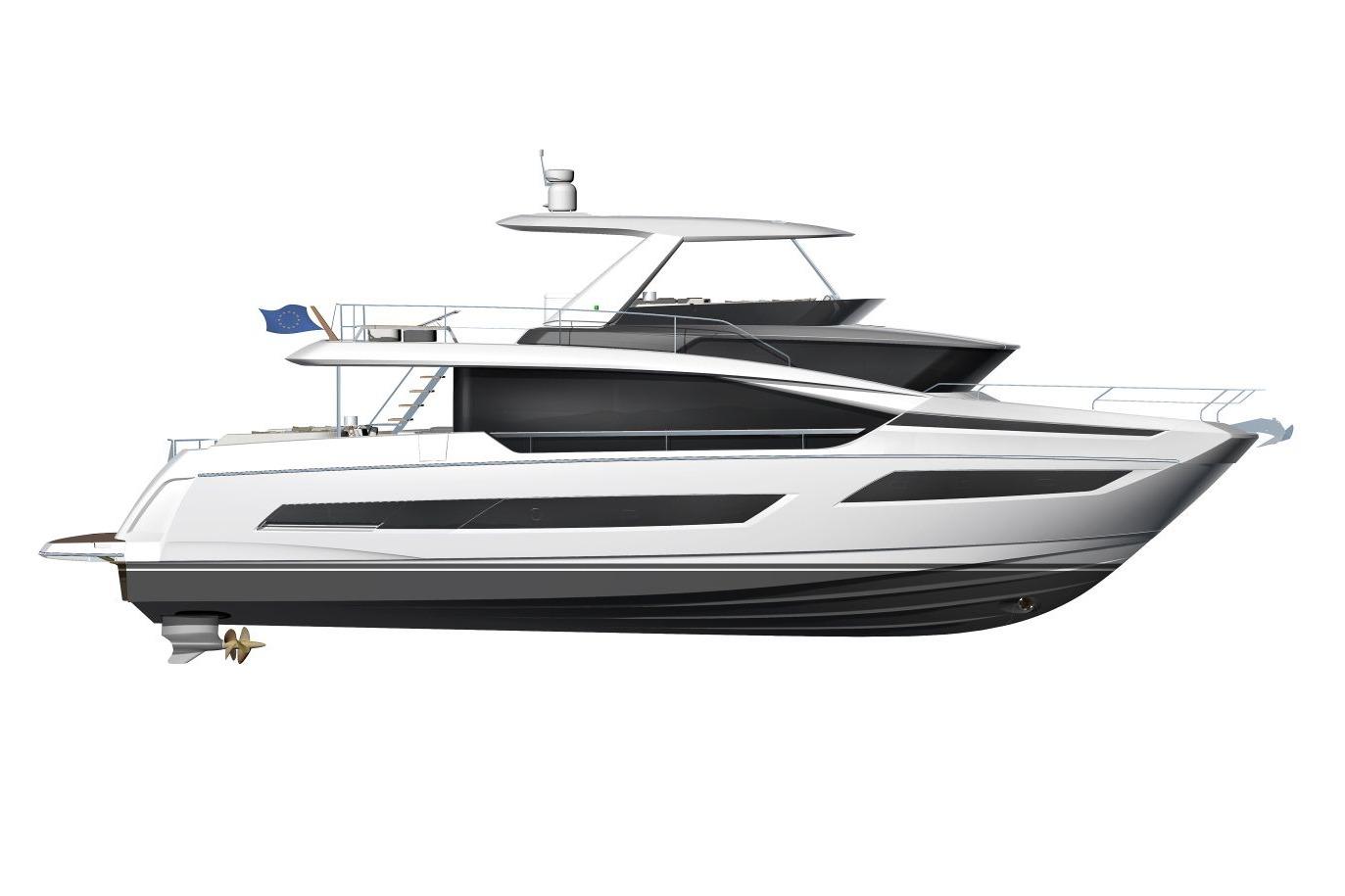 2026 Prestige X70 luxury yacht, sleek design, side view, modern maritime engineering.
